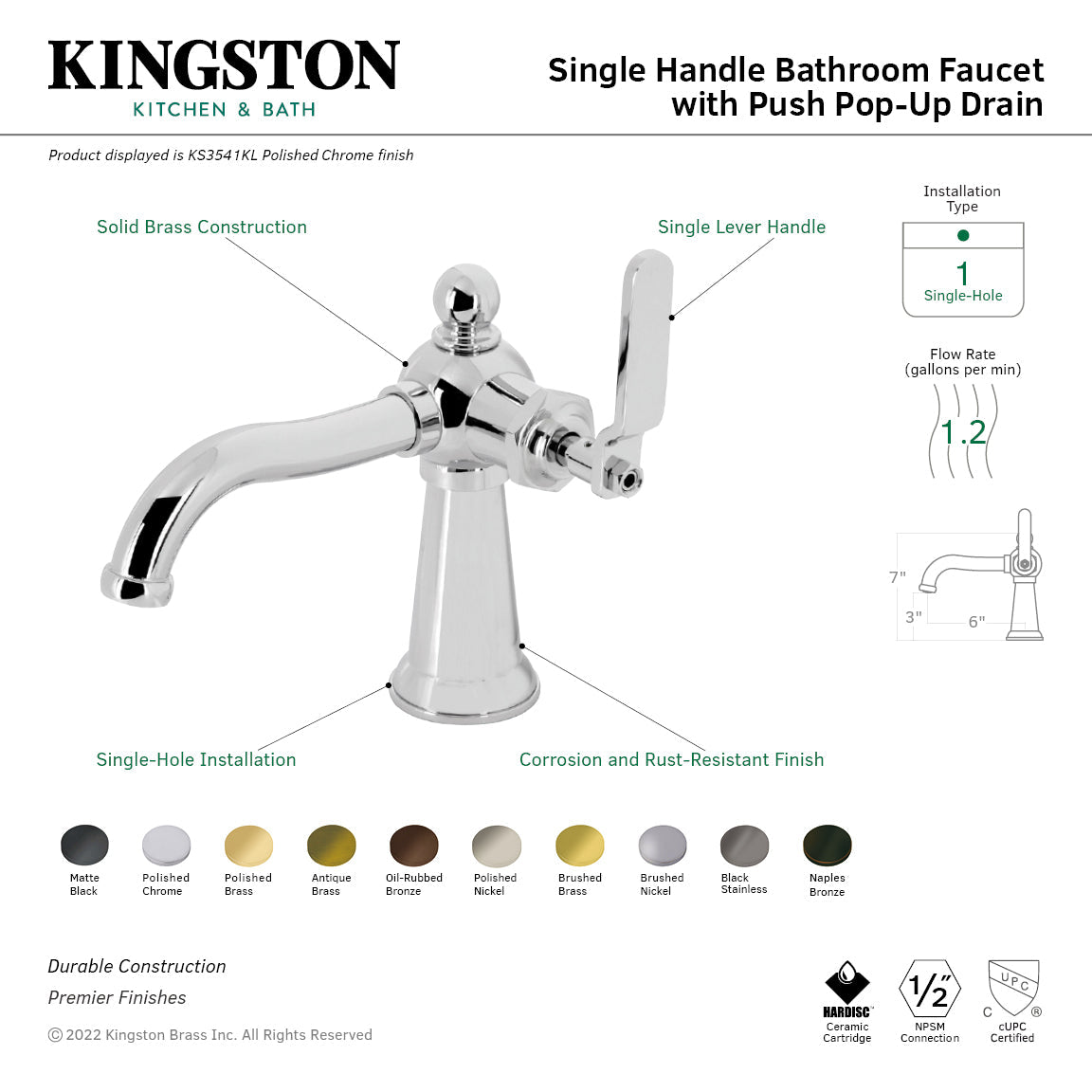 Knight KS3541KL Single-Handle 1-Hole Deck Mount Bathroom Faucet with Push Pop-Up, Polished Chrome
