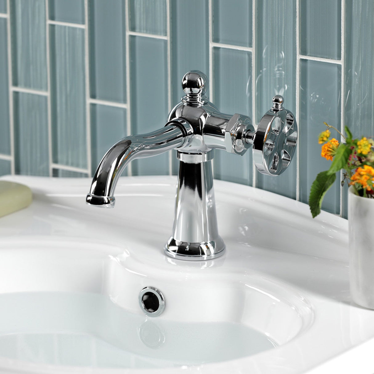 Belknap KS3541RX Single-Handle 1-Hole Deck Mount Bathroom Faucet with Push Pop-Up, Polished Chrome