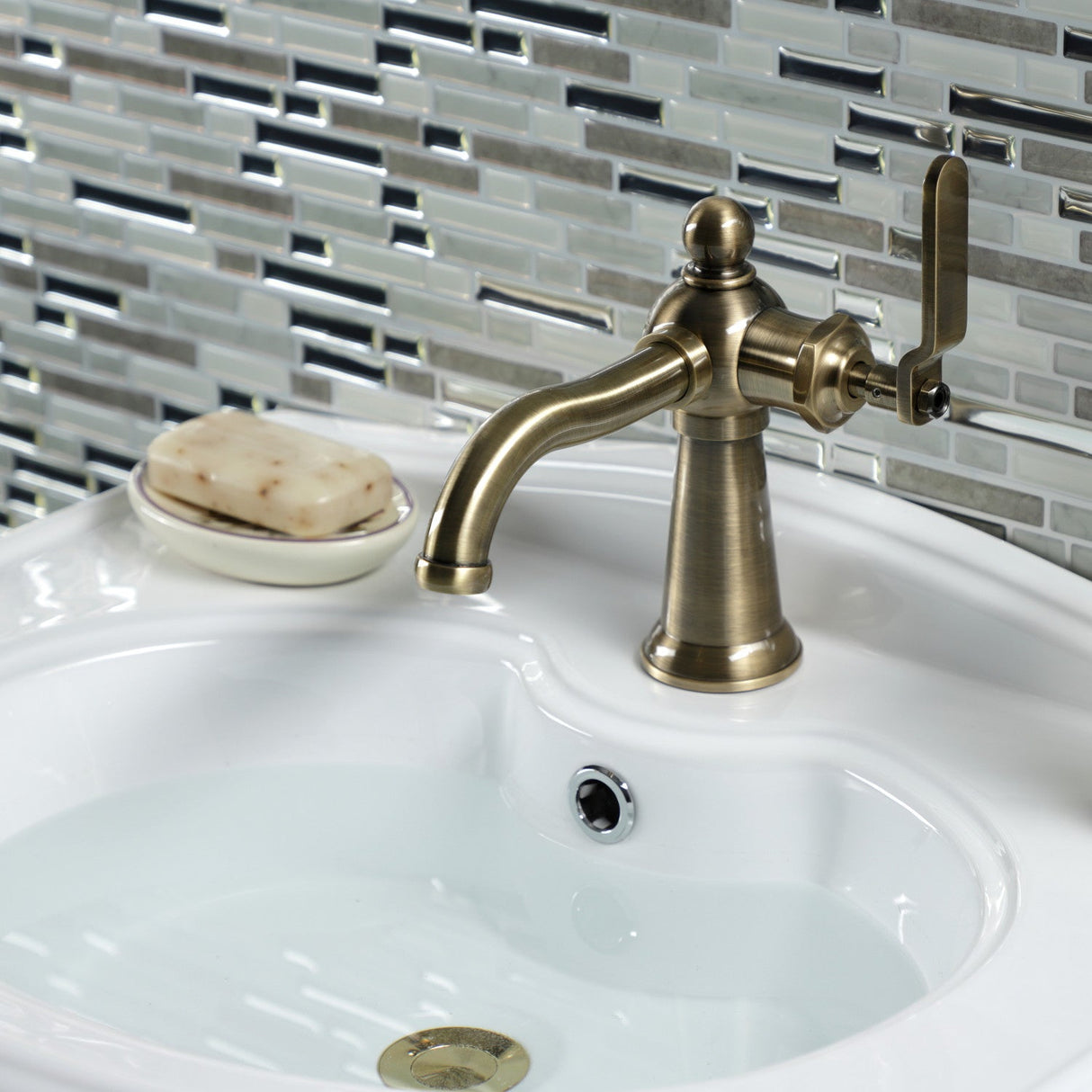 Knight KS3543KL Single-Handle 1-Hole Deck Mount Bathroom Faucet with Push Pop-Up, Antique Brass