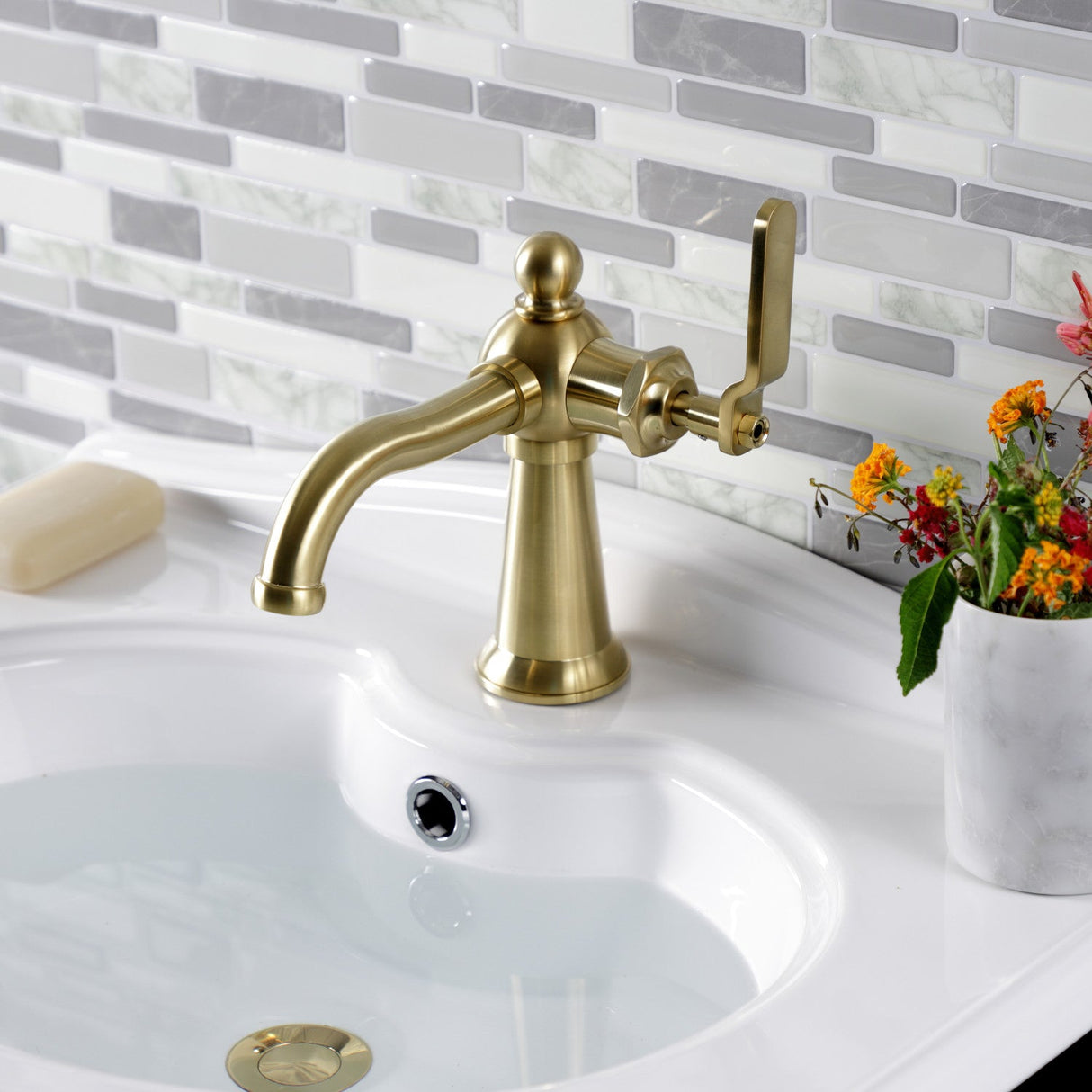 Knight KS3547KL Single-Handle 1-Hole Deck Mount Bathroom Faucet with Push Pop-Up, Brushed Brass