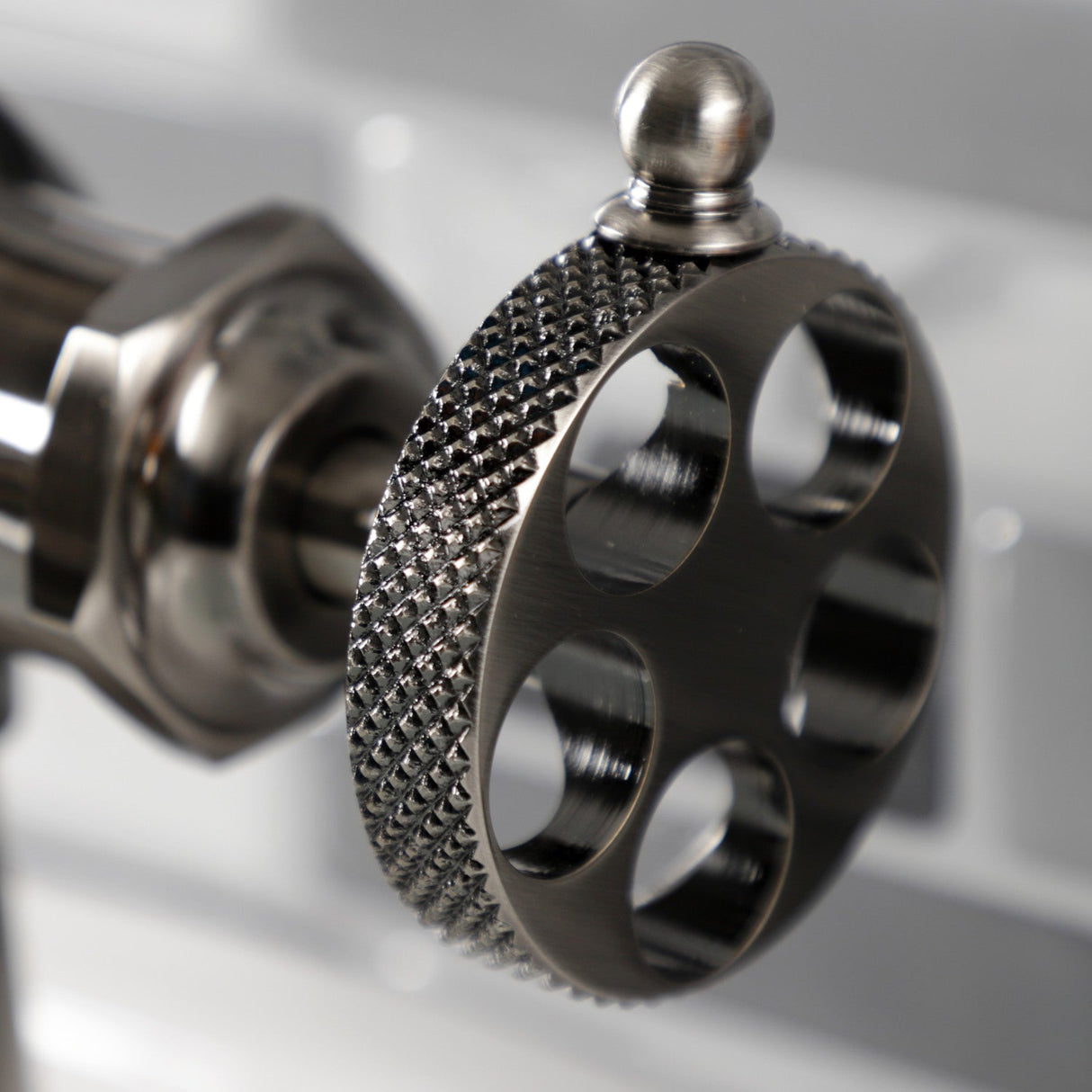 Webb KS354RKXVN Single-Handle 1-Hole Deck Mount Bathroom Faucet with Knurled Handle and Push Pop-Up Drain, Black Stainless