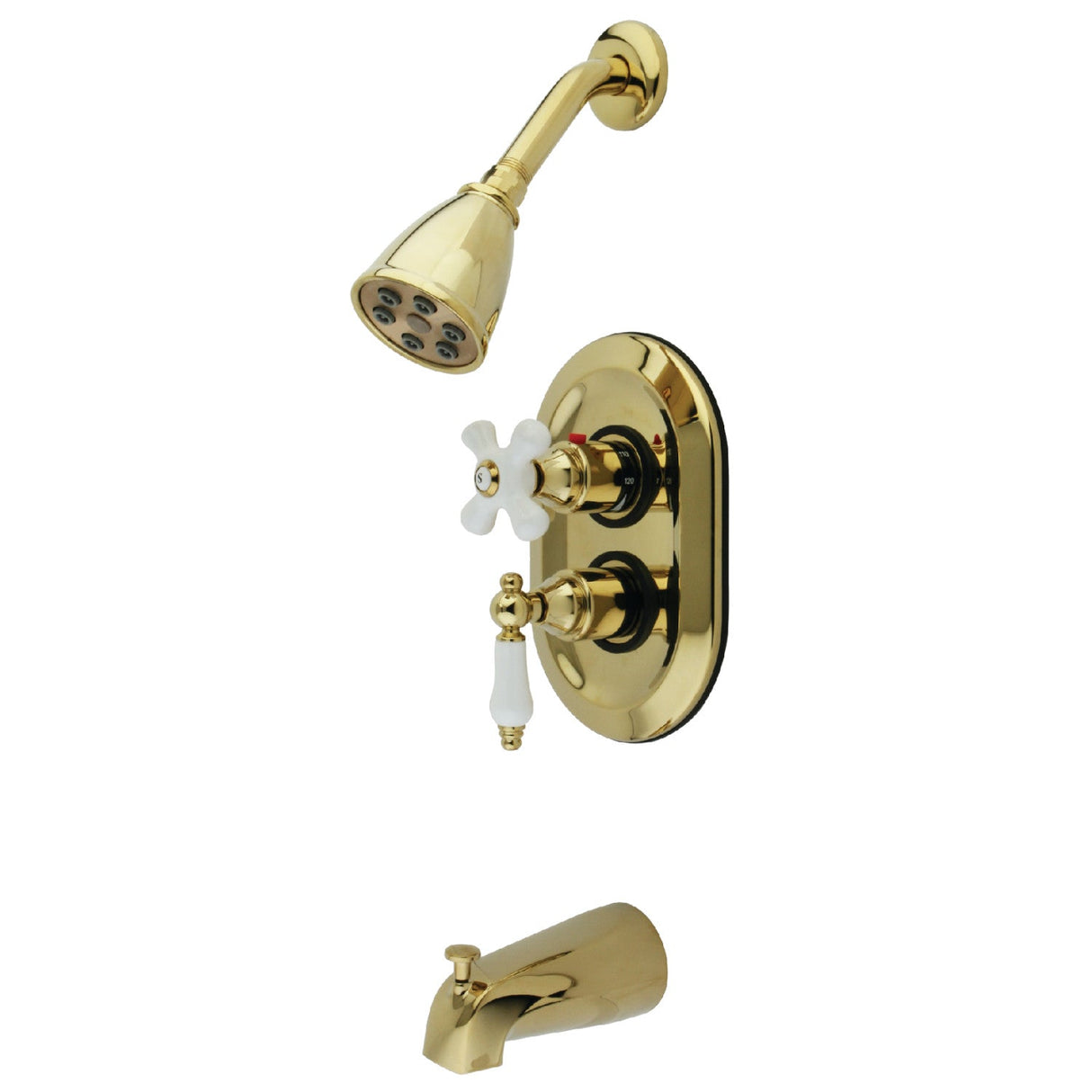 Restoration KS36320PL Two-Handle 3-Hole Wall Mount Tub and Shower Faucet, Polished Brass