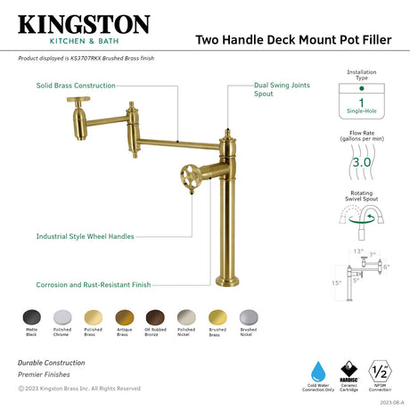 Webb KS3702RKX Two-Handle 1-Hole Deck Mount Pot Filler Faucet with Knurled Handle, Polished Brass