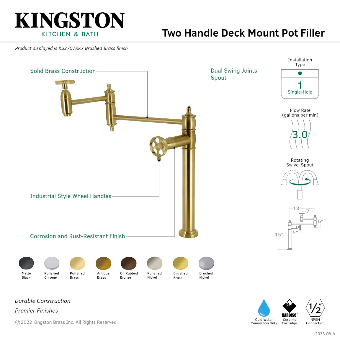 Webb KS3705RKX Two-Handle 1-Hole Deck Mount Pot Filler Faucet with Knurled Handle, Oil Rubbed Bronze