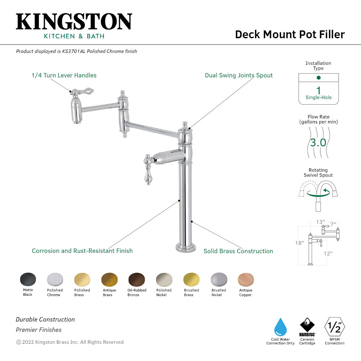 Restoration KS3707AL Single-Hole Deck Mount Pot Filler, Brushed Brass