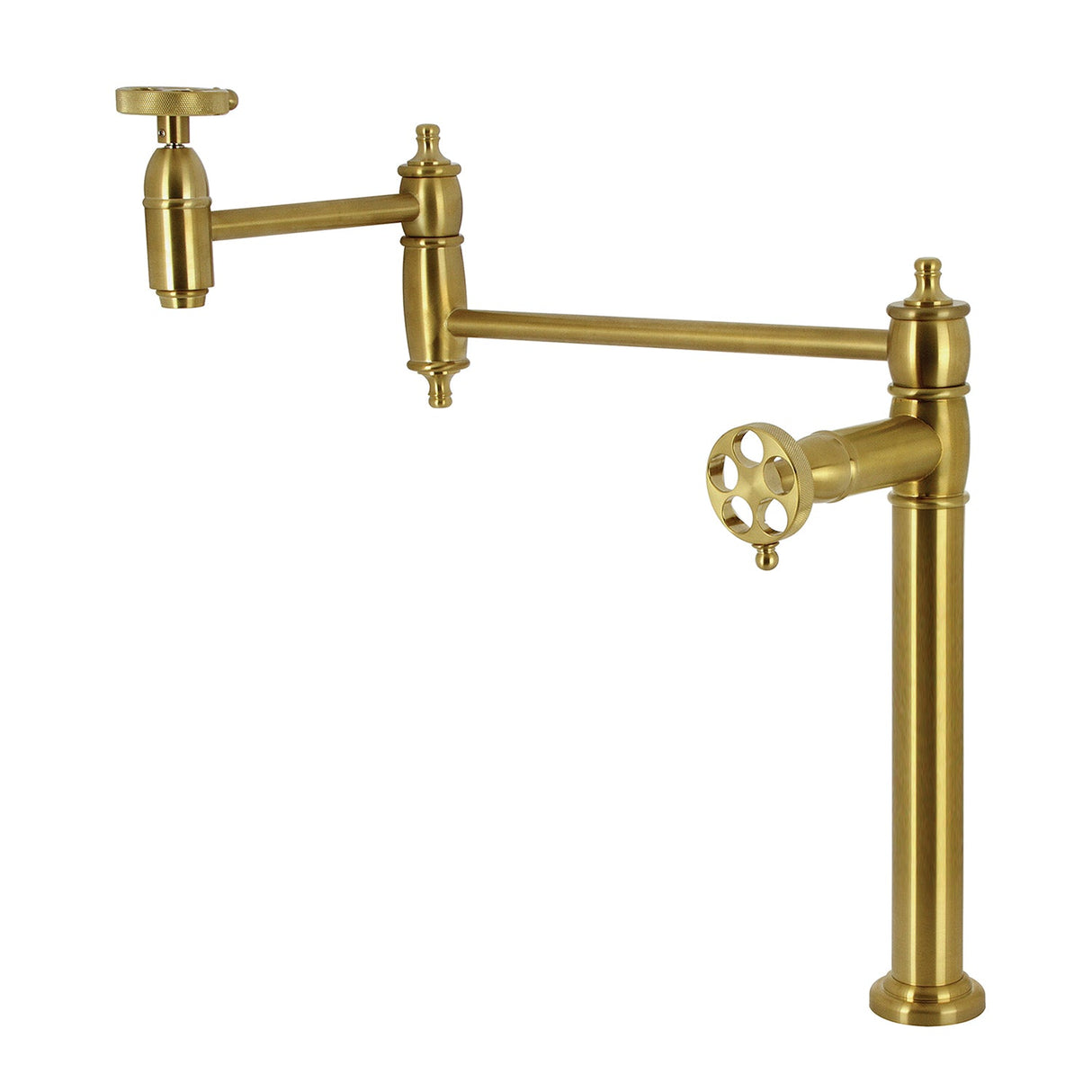 Wendell KS3707RKZ Two-Handle 1-Hole Deck Mount Pot Filler Faucet with Knurled Handle, Brushed Brass