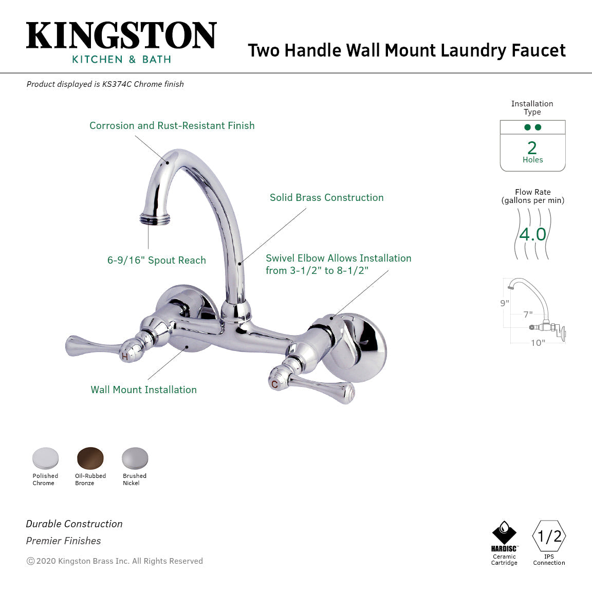 Kingston KS374SN Two-Handle 2-Hole Wall Mount Laundry Faucet, Brushed Nickel