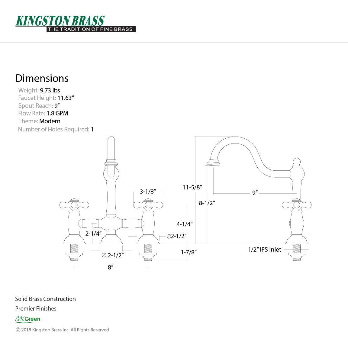 Restoration KS3781AX Two-Handle 3-Hole Deck Mount Bridge Kitchen Faucet, Polished Chrome
