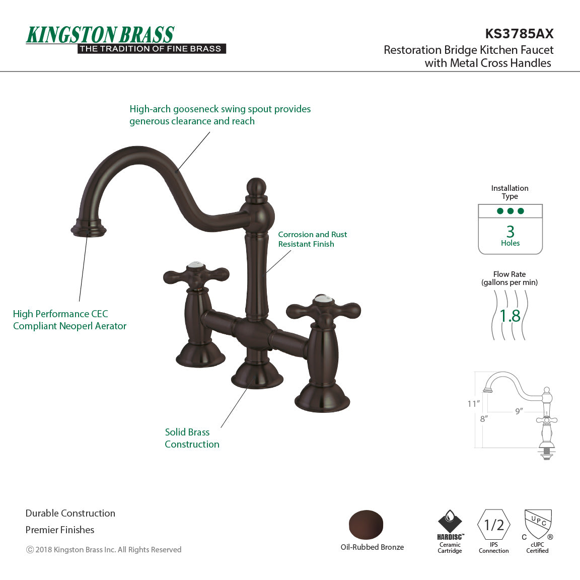 Restoration KS3785AX Two-Handle 3-Hole Deck Mount Bridge Kitchen Faucet, Oil Rubbed Bronze