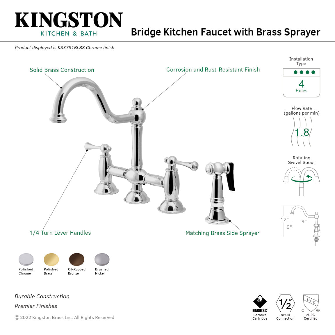 Restoration KS3791BLBS Two-Handle 4-Hole Deck Mount Bridge Kitchen Faucet with Brass Sprayer, Polished Chrome