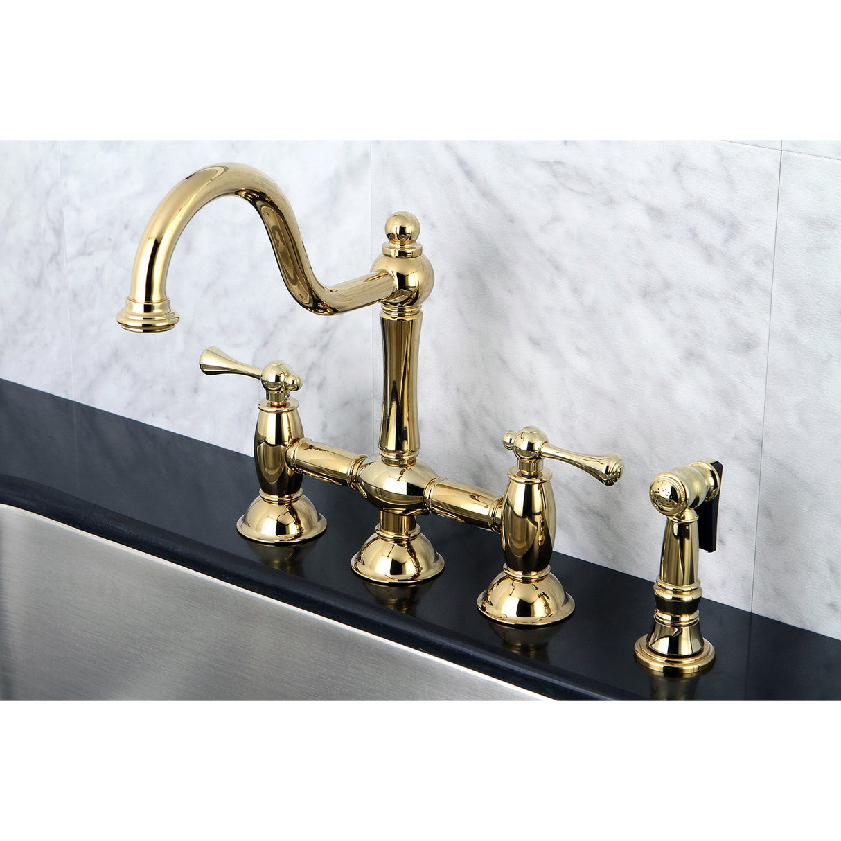 Restoration KS3792BLBS Two-Handle 4-Hole Deck Mount Bridge Kitchen Faucet with Brass Sprayer, Polished Brass