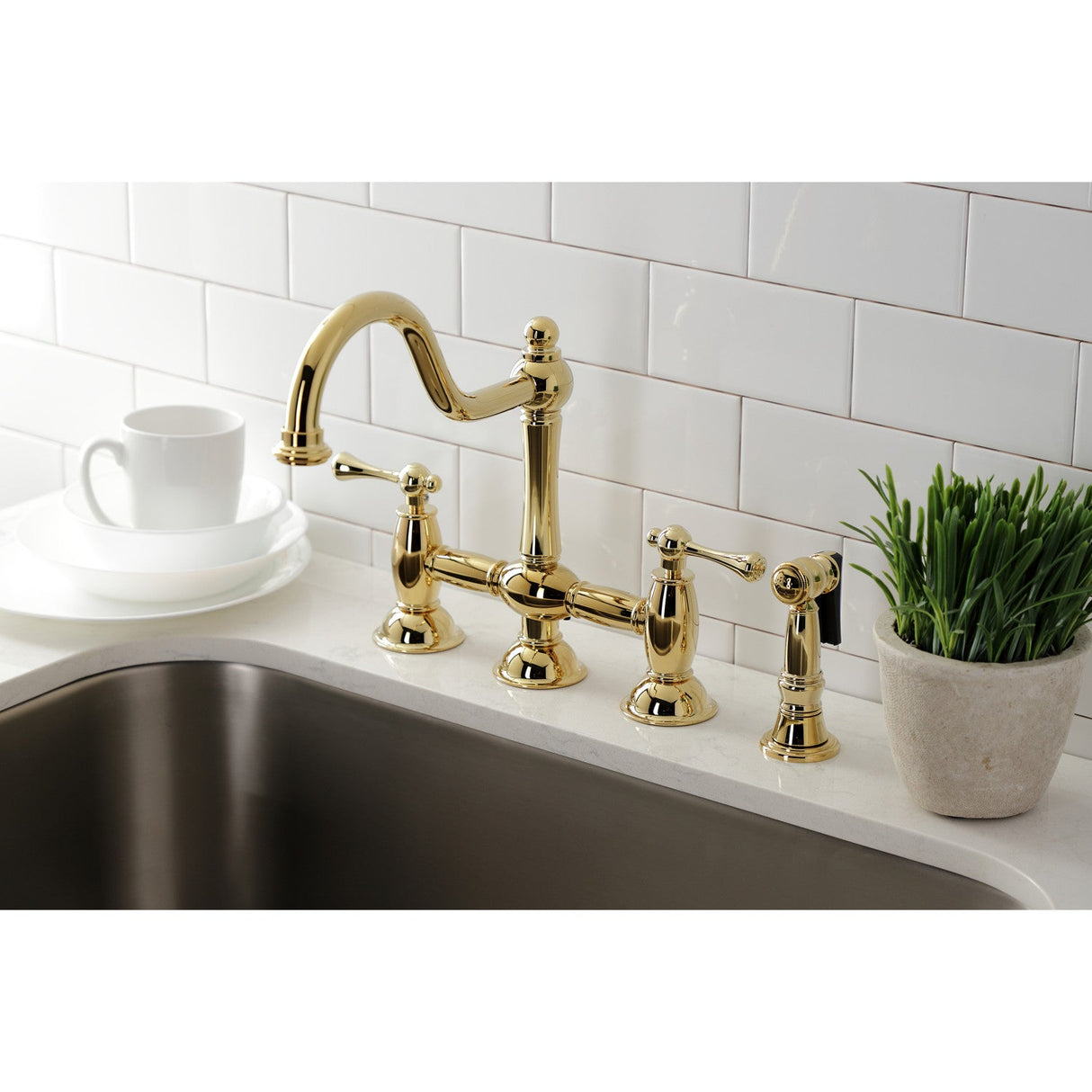 Restoration KS3792BLBS Two-Handle 4-Hole Deck Mount Bridge Kitchen Faucet with Brass Sprayer, Polished Brass