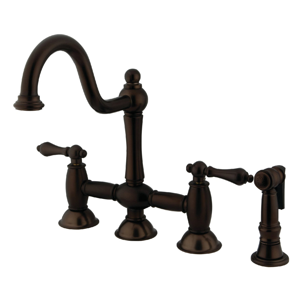 Restoration KS3795ALBS Two-Handle 4-Hole Deck Mount Bridge Kitchen Faucet with Brass Sprayer, Oil Rubbed Bronze
