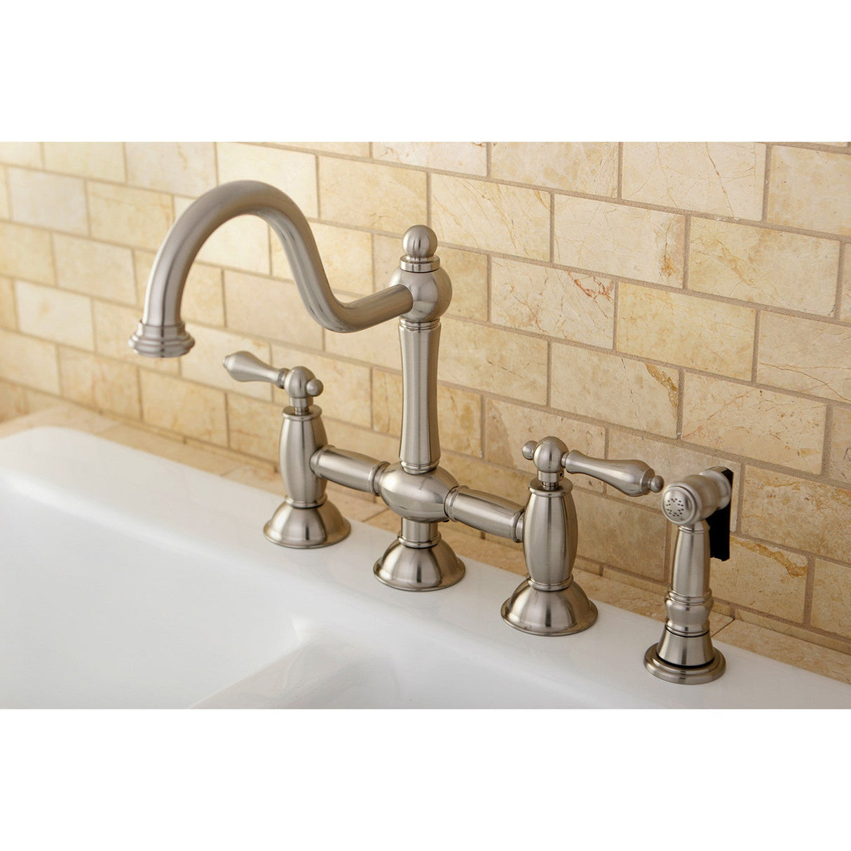 Restoration KS3798ALBS Two-Handle 4-Hole Deck Mount Bridge Kitchen Faucet with Brass Sprayer, Brushed Nickel