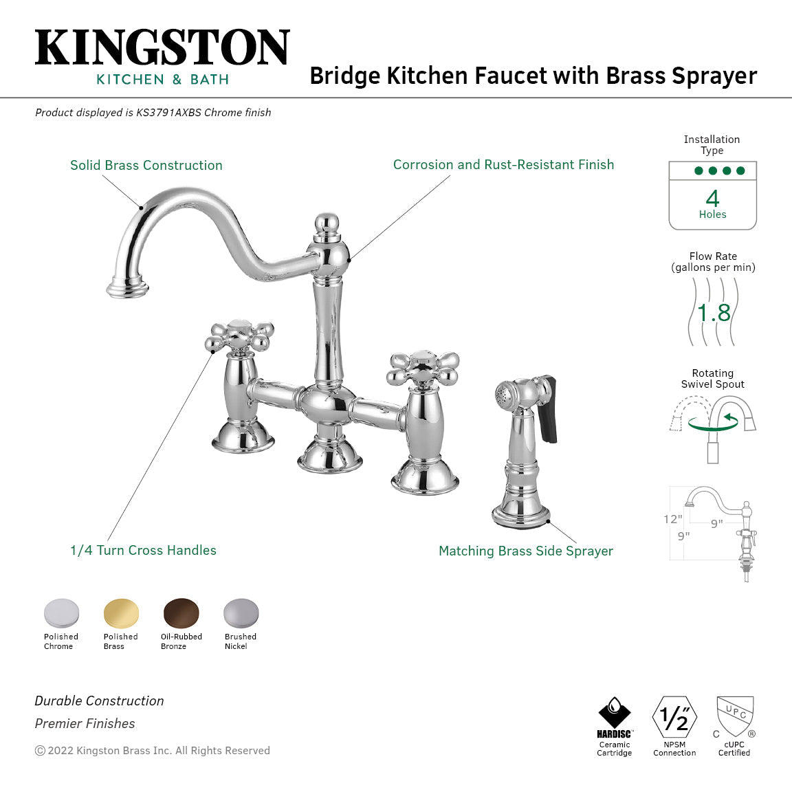 Restoration KS3798AXBS Two-Handle 4-Hole Deck Mount Bridge Kitchen Faucet with Brass Sprayer, Brushed Nickel