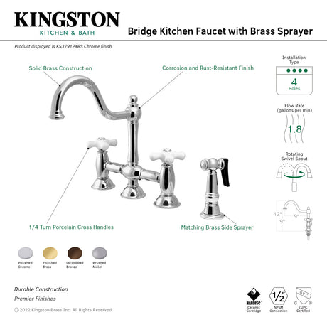 Restoration KS3798PXBS Two-Handle 4-Hole Deck Mount Bridge Kitchen Faucet with Brass Sprayer, Brushed Nickel