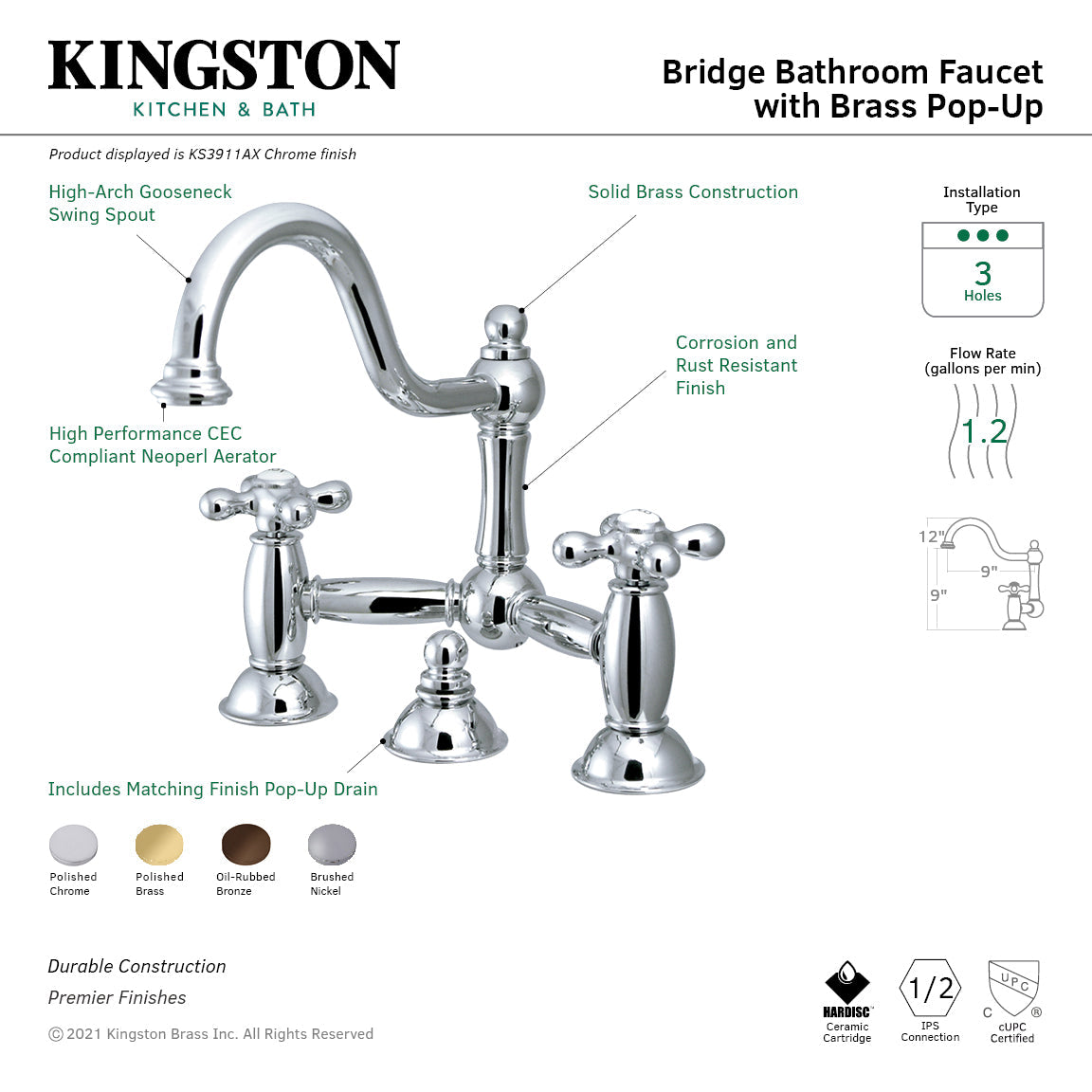 Restoration KS3911AX Two-Handle 3-Hole Deck Mount Bridge Bathroom Faucet with Brass Pop-Up, Polished Chrome