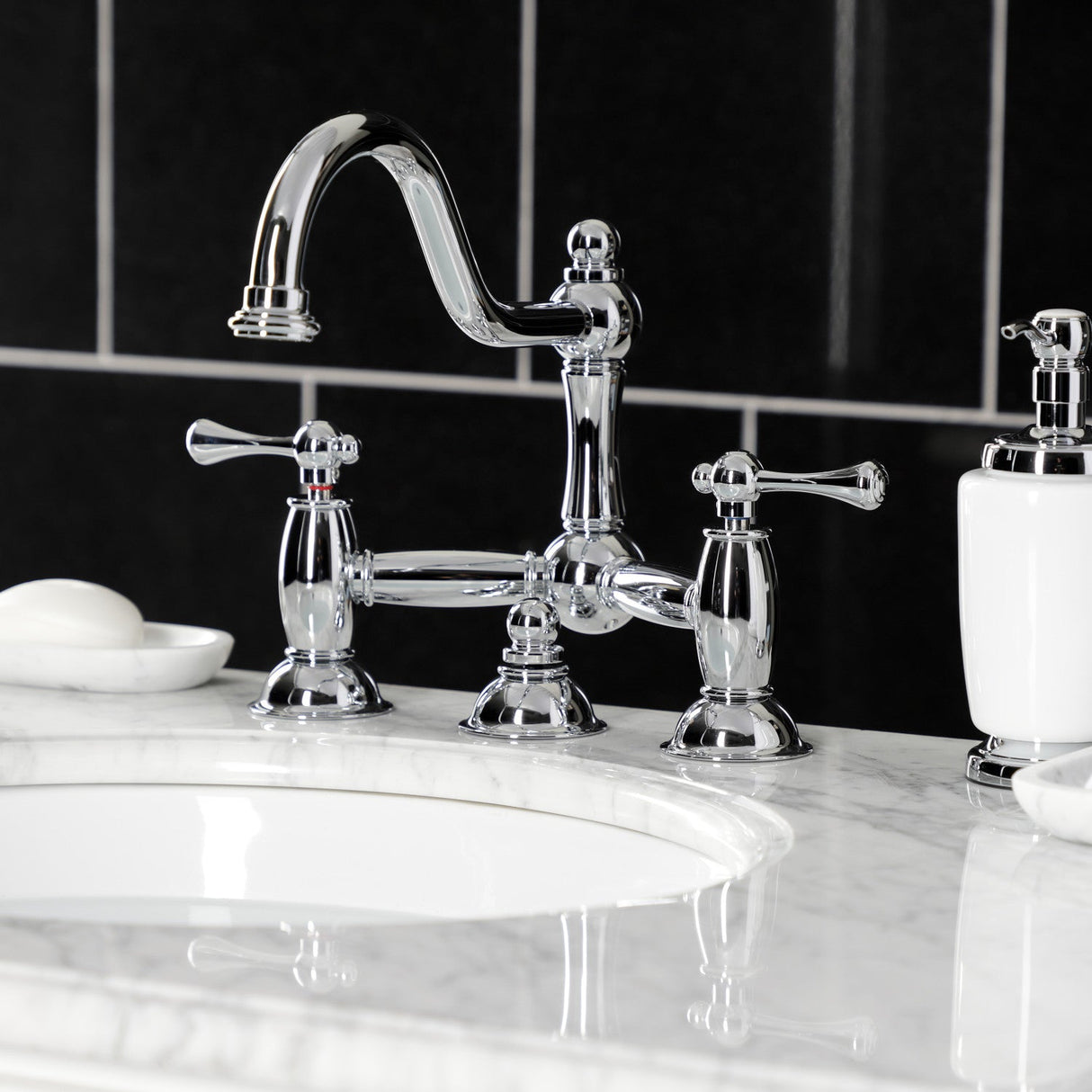 Restoration KS3911BL Two-Handle 3-Hole Deck Mount Bridge Bathroom Faucet with Brass Pop-Up, Polished Chrome