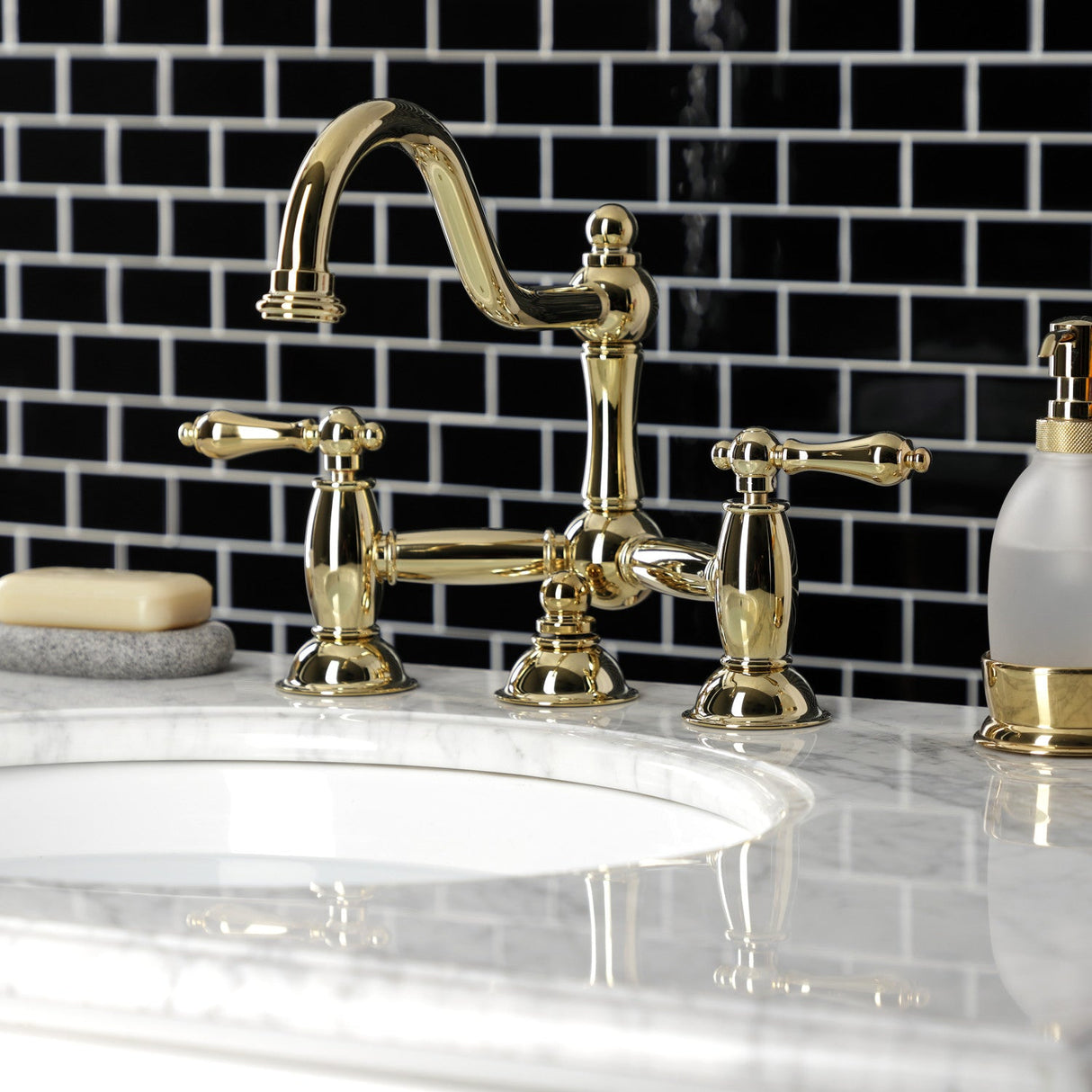 Restoration KS3912AL Two-Handle 3-Hole Deck Mount Bridge Bathroom Faucet with Brass Pop-Up, Polished Brass