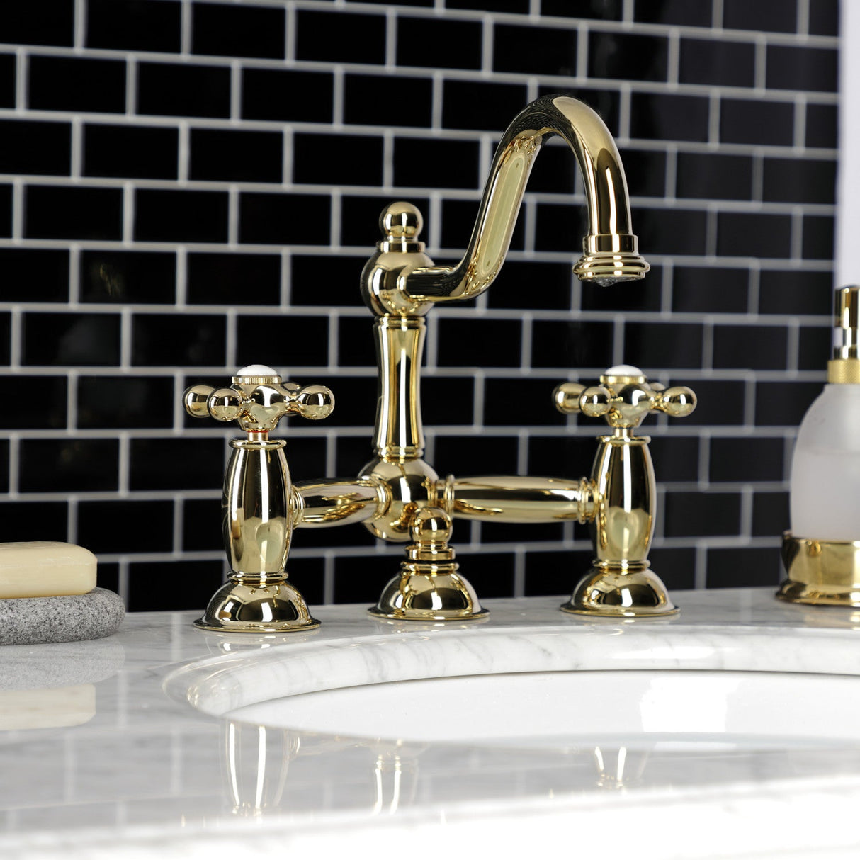 Restoration KS3912AX Two-Handle 3-Hole Deck Mount Bridge Bathroom Faucet with Brass Pop-Up, Polished Brass