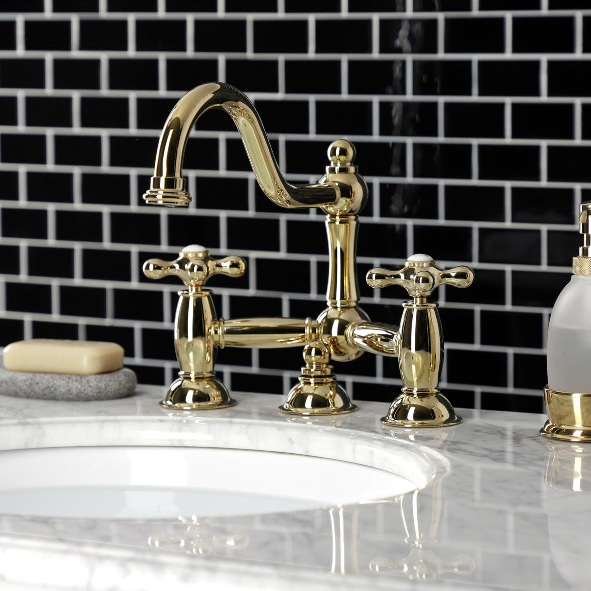 Restoration KS3912AX Two-Handle 3-Hole Deck Mount Bridge Bathroom Faucet with Brass Pop-Up, Polished Brass
