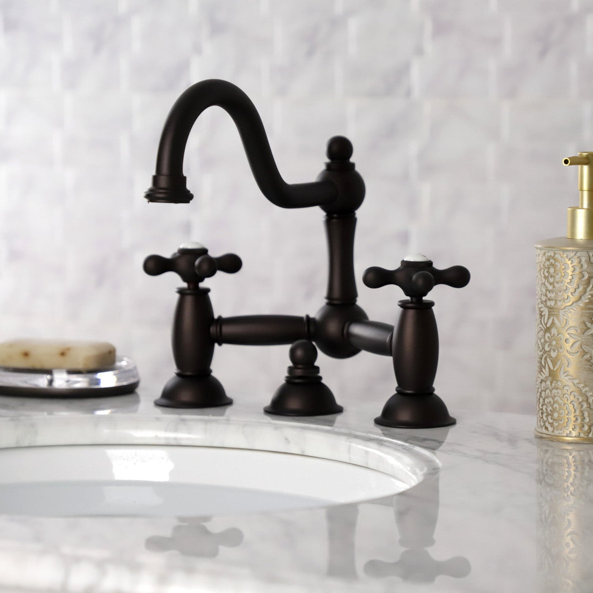 Restoration KS3915AX Two-Handle 3-Hole Deck Mount Bridge Bathroom Faucet with Brass Pop-Up, Oil Rubbed Bronze