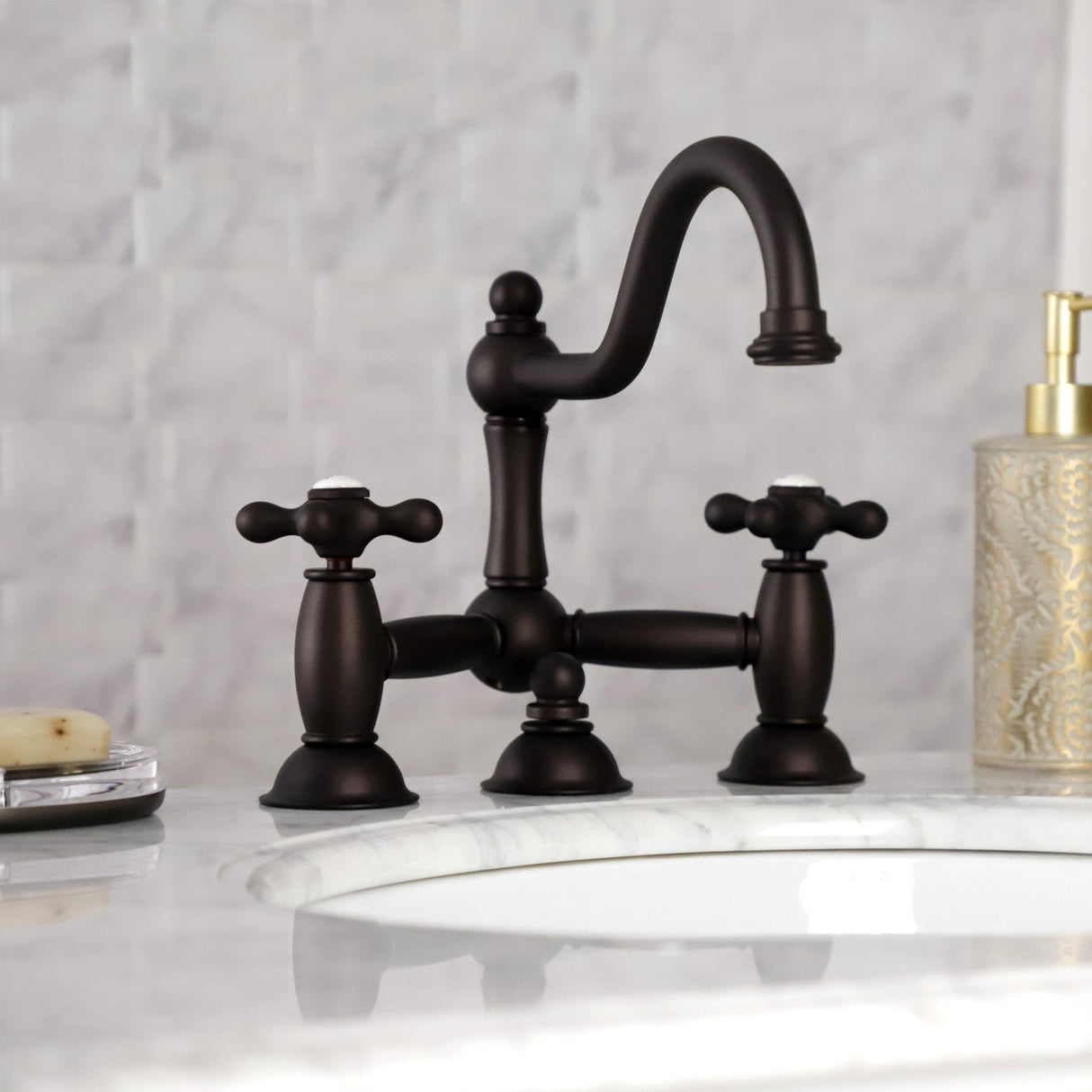 Restoration KS3915AX Two-Handle 3-Hole Deck Mount Bridge Bathroom Faucet with Brass Pop-Up, Oil Rubbed Bronze