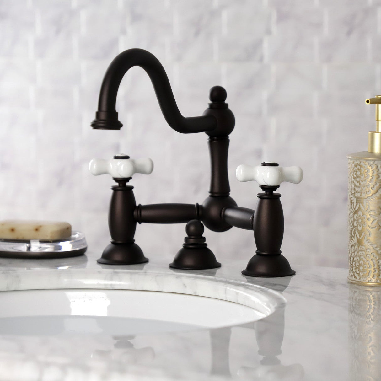 Restoration KS3915PX Two-Handle 3-Hole Deck Mount Bridge Bathroom Faucet with Brass Pop-Up, Oil Rubbed Bronze