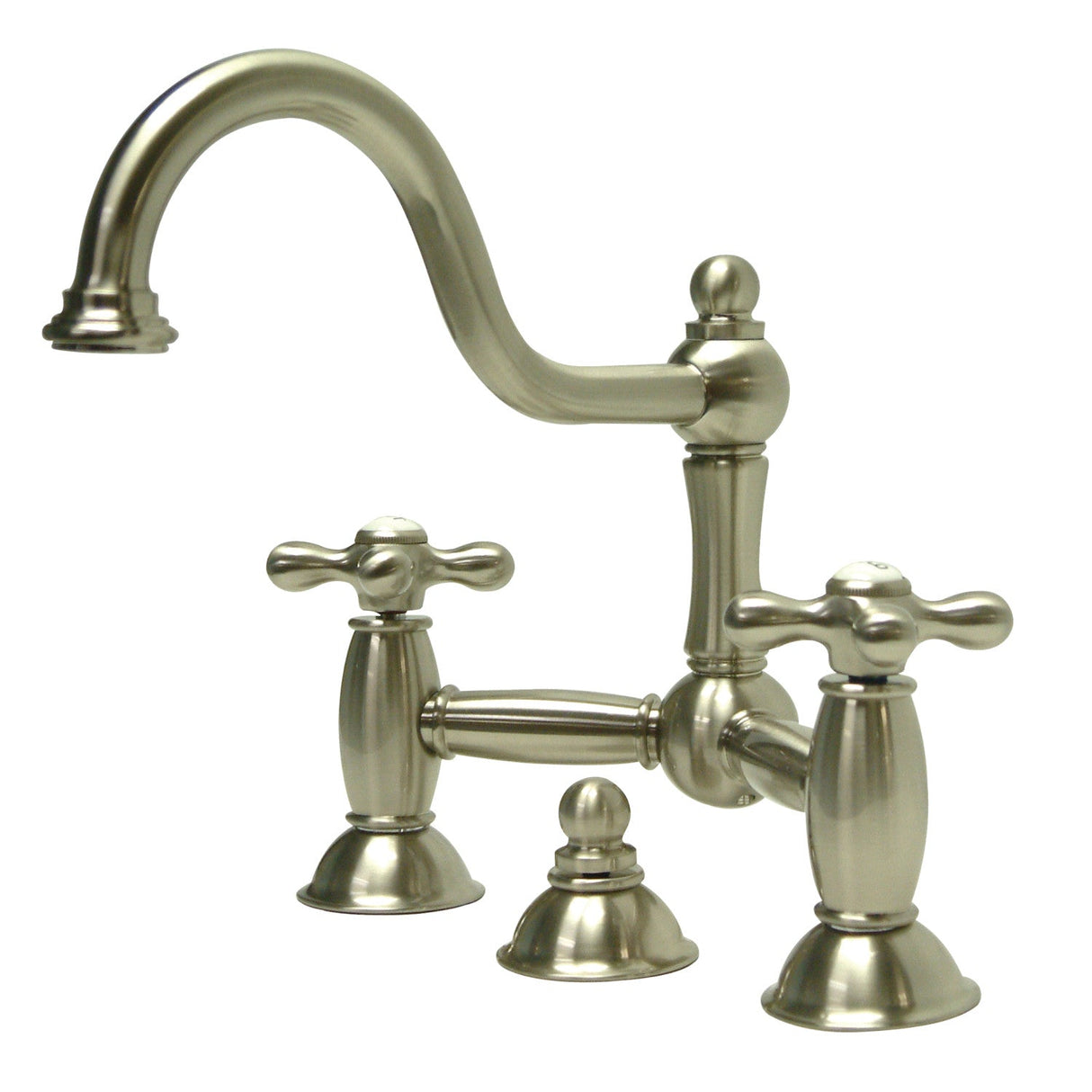 Restoration KS3918AX Two-Handle 3-Hole Deck Mount Bridge Bathroom Faucet with Brass Pop-Up, Brushed Nickel