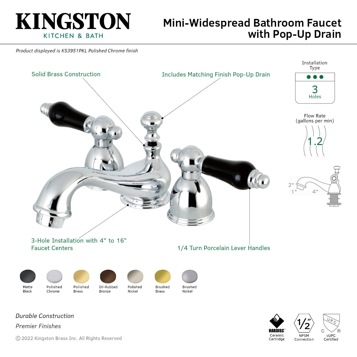 Duchess KS3952PKL Two-Handle 3-Hole Deck Mount Mini-Widespread Bathroom Faucet with Brass Pop-Up, Polished Brass