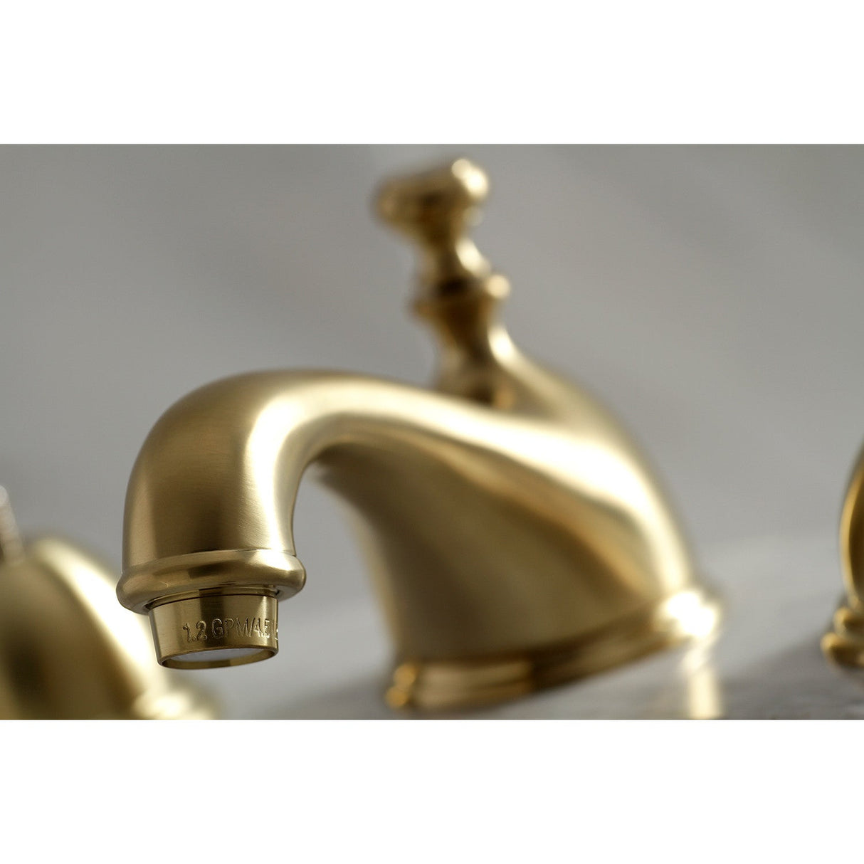 Restoration KS3967PX Two-Handle 3-Hole Deck Mount Widespread Bathroom Faucet with Brass Pop-Up, Brushed Brass