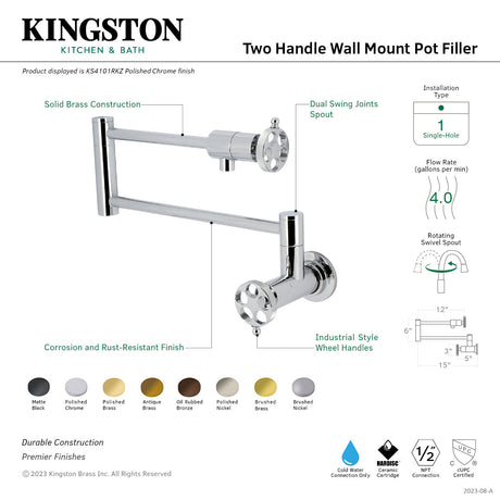 Wendell KS4103RKZ Two-Handle 1-Hole Wall Mount Pot Filler with Knurled Handle, Antique Brass