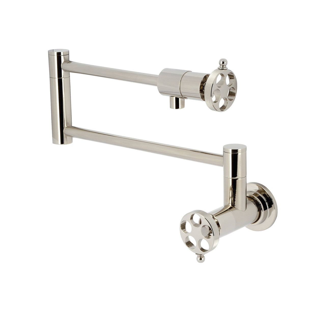 Wendell KS4106RKZ Two-Handle 1-Hole Wall Mount Pot Filler with Knurled Handle, Polished Nickel