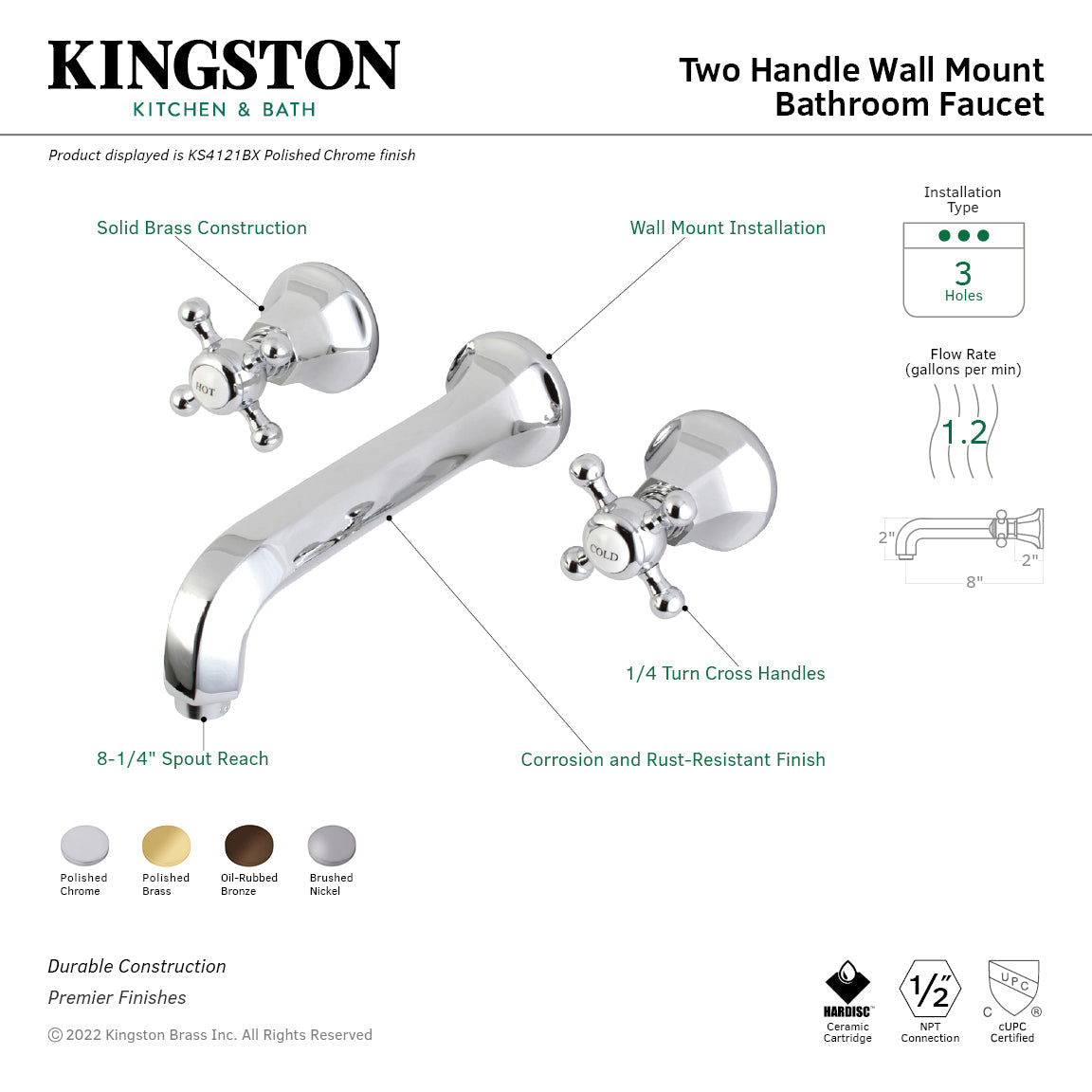 Metropolitan KS4122BX Two-Handle 3-Hole Wall Mount Bathroom Faucet, Polished Brass