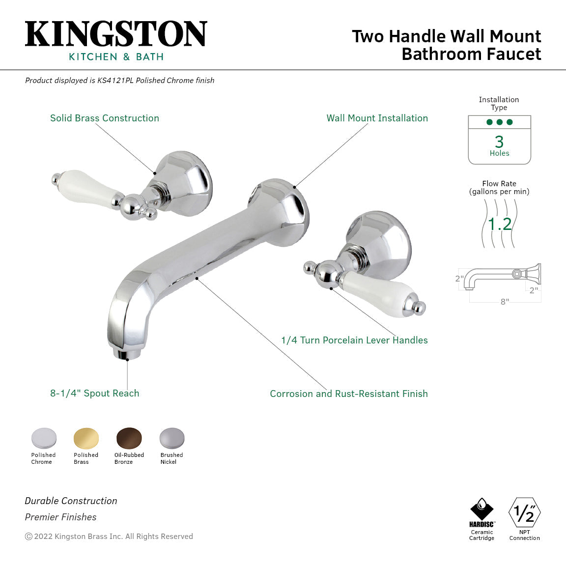Metropolitan KS4128PL Two-Handle 3-Hole Wall Mount Bathroom Faucet, Brushed Nickel