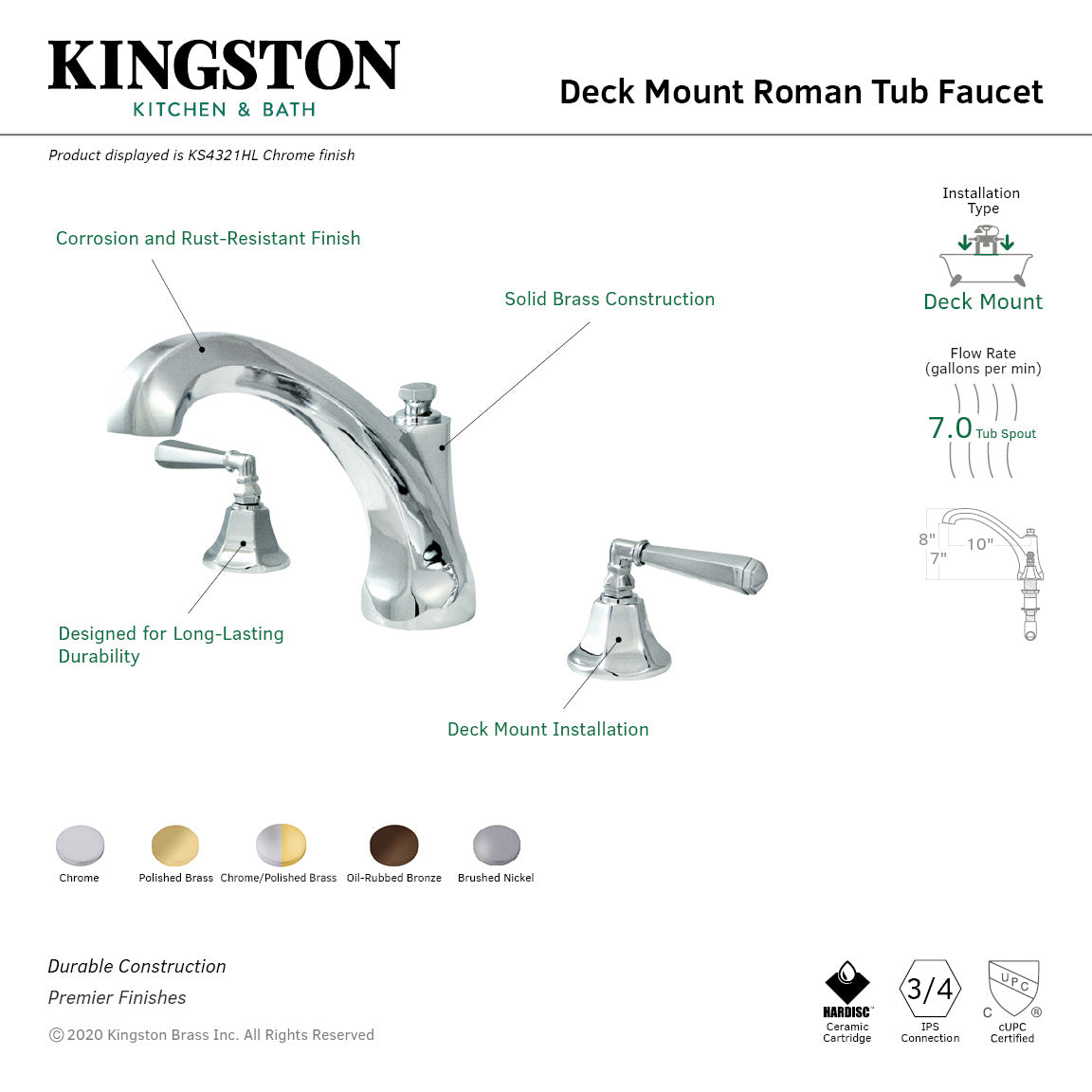 Roman KS4322HL Two-Handle 3-Hole Deck Mount Roman Tub Faucet, Polished Brass