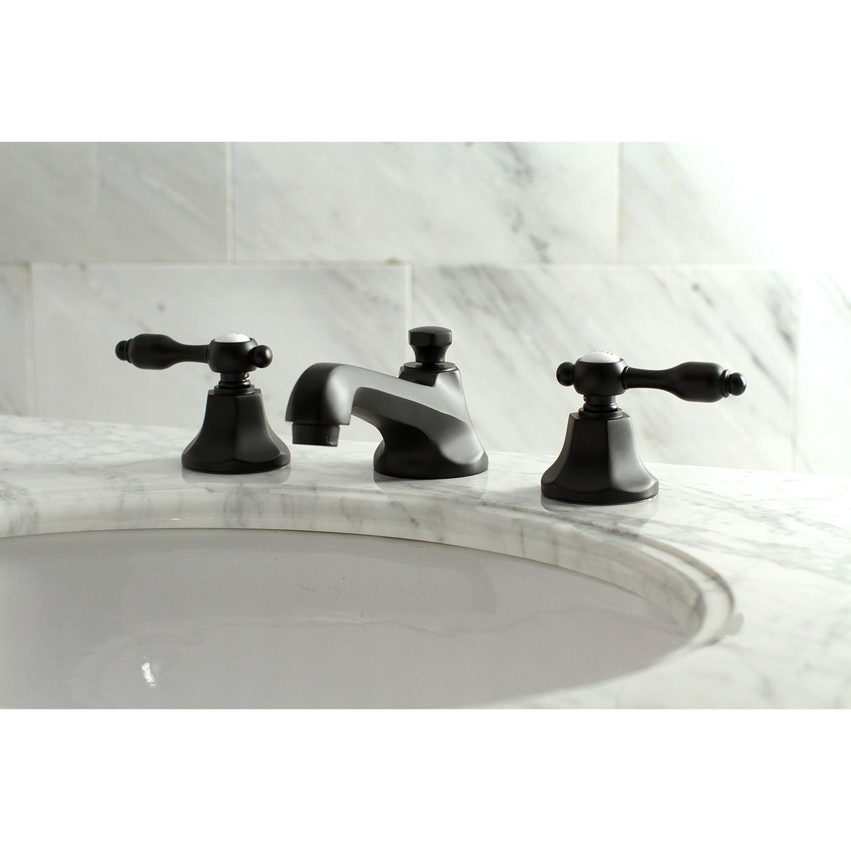 Tudor KS4460TAL Two-Handle 3-Hole Deck Mount Widespread Bathroom Faucet with Brass Pop-Up, Matte Black