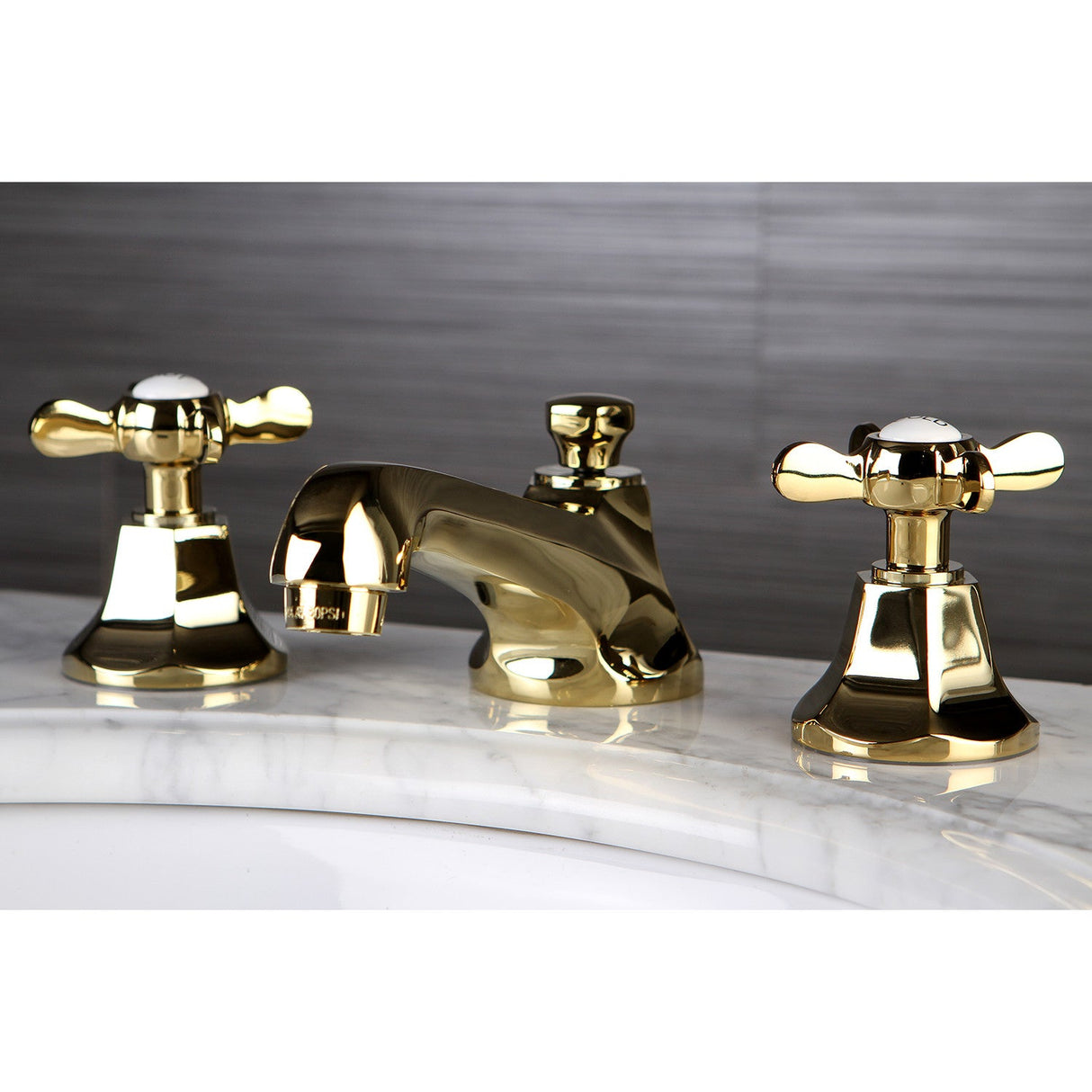 Essex KS4462BEX Two-Handle 3-Hole Deck Mount Widespread Bathroom Faucet with Brass Pop-Up, Polished Brass