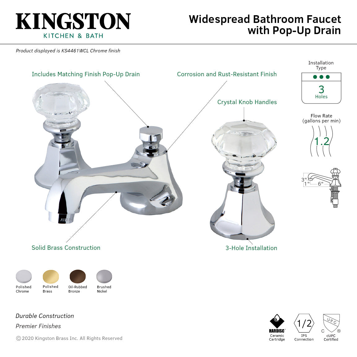 Celebrity KS4462WCL Two-Handle 3-Hole Deck Mount Widespread Bathroom Faucet with Brass Pop-Up, Polished Brass