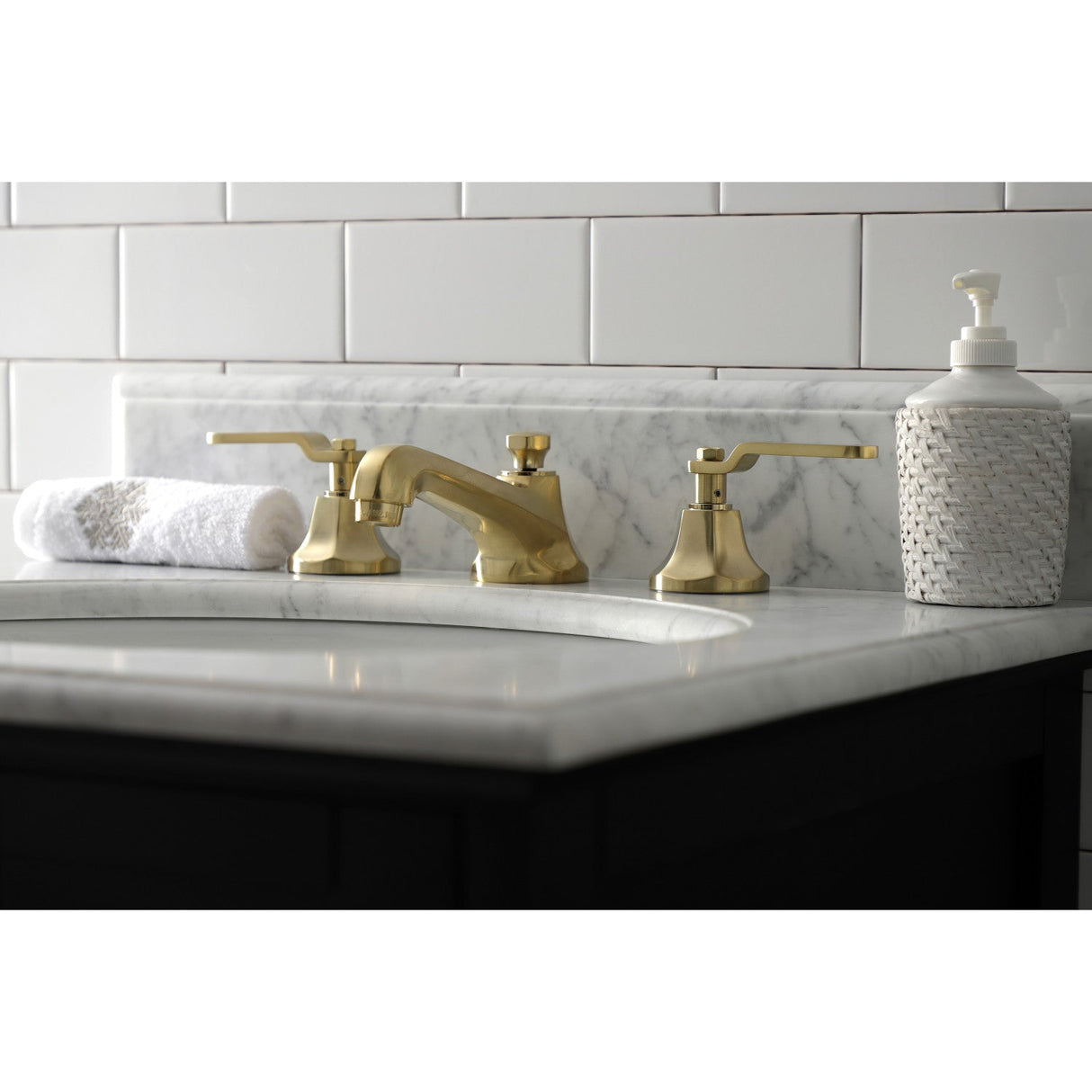 Whitaker KS4467KL Two-Handle 3-Hole Deck Mount Widespread Bathroom Faucet with Brass Pop-Up, Brushed Brass