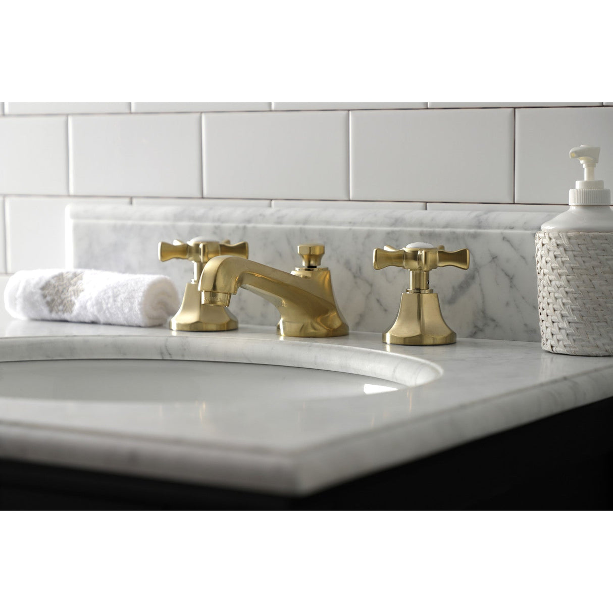 Hamilton KS4467NX Two-Handle 3-Hole Deck Mount Widespread Bathroom Faucet with Brass Pop-Up, Brushed Brass
