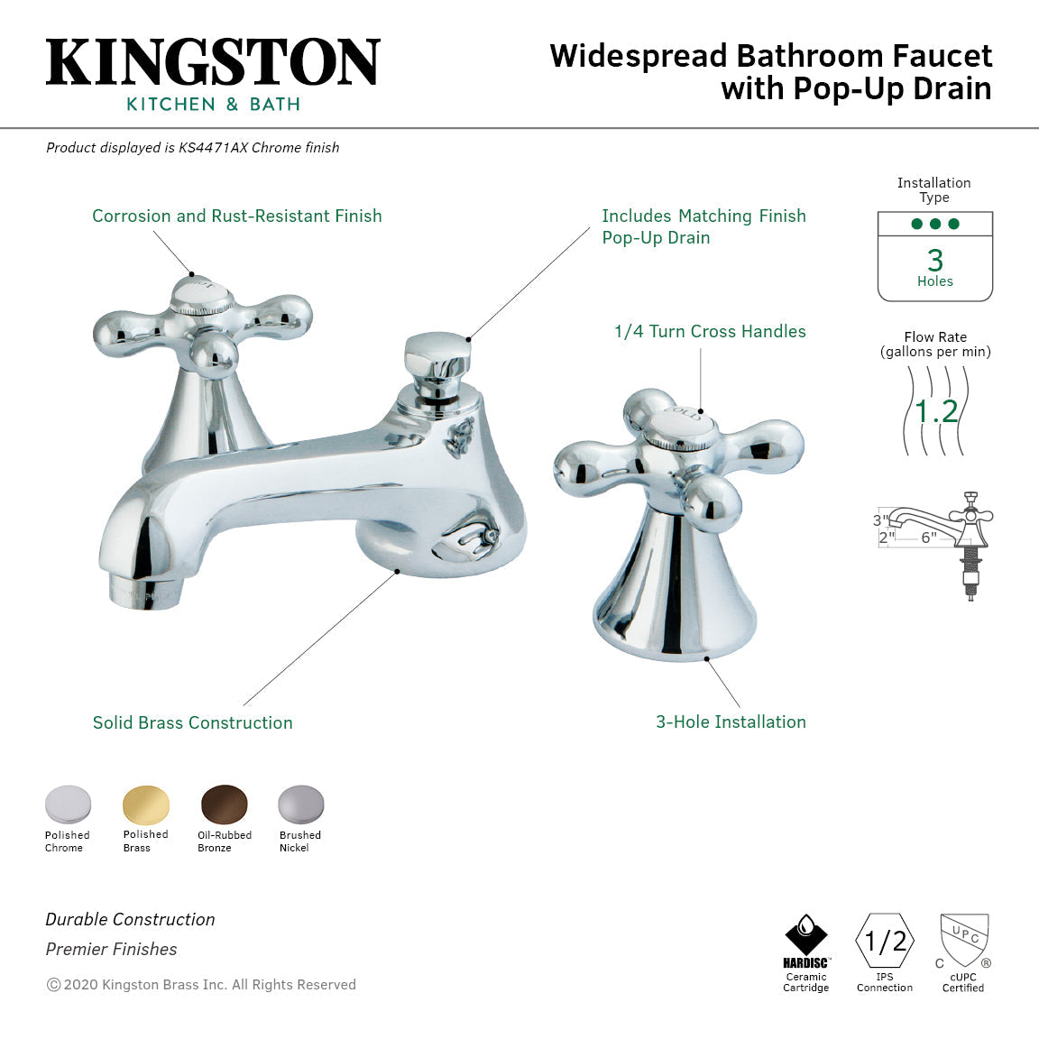 KS4471AX Two-Handle 3-Hole Deck Mount Widespread Bathroom Faucet with Brass Pop-Up, Polished Chrome