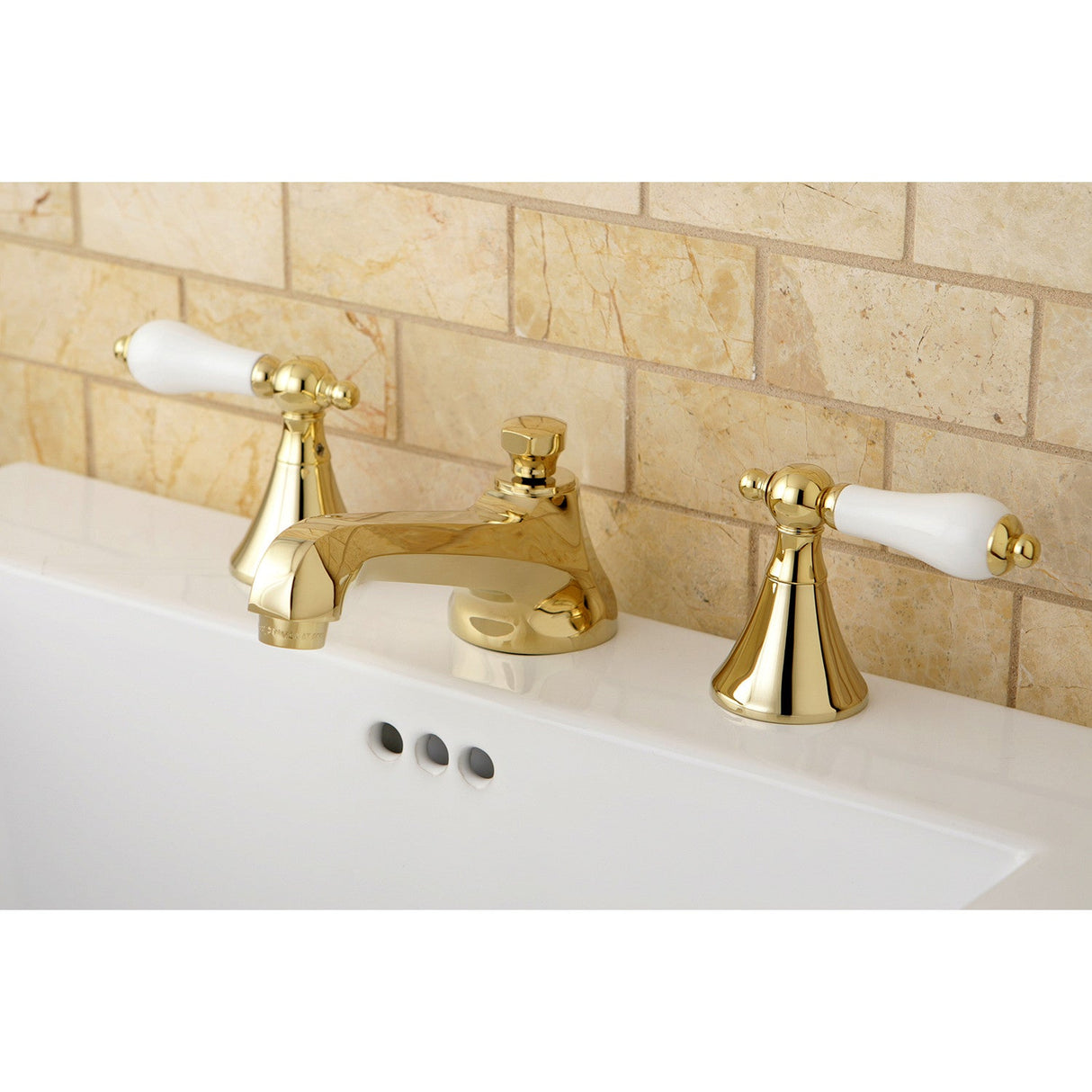 KS4472PL Two-Handle 3-Hole Deck Mount Widespread Bathroom Faucet with Brass Pop-Up, Polished Brass