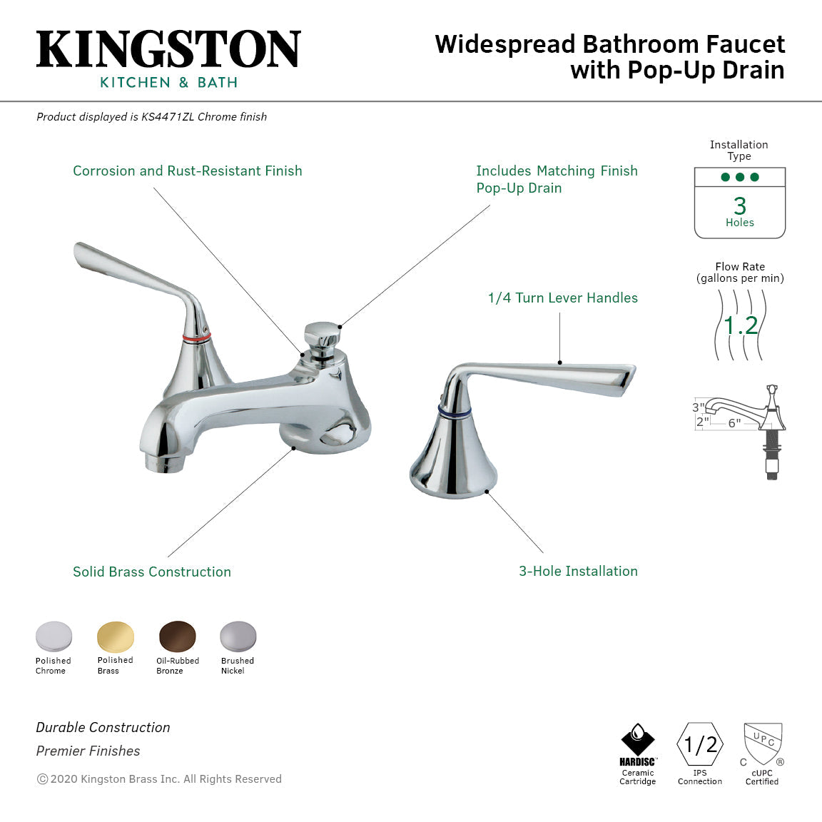 KS4472ZL Two-Handle 3-Hole Deck Mount Widespread Bathroom Faucet with Brass Pop-Up, Polished Brass