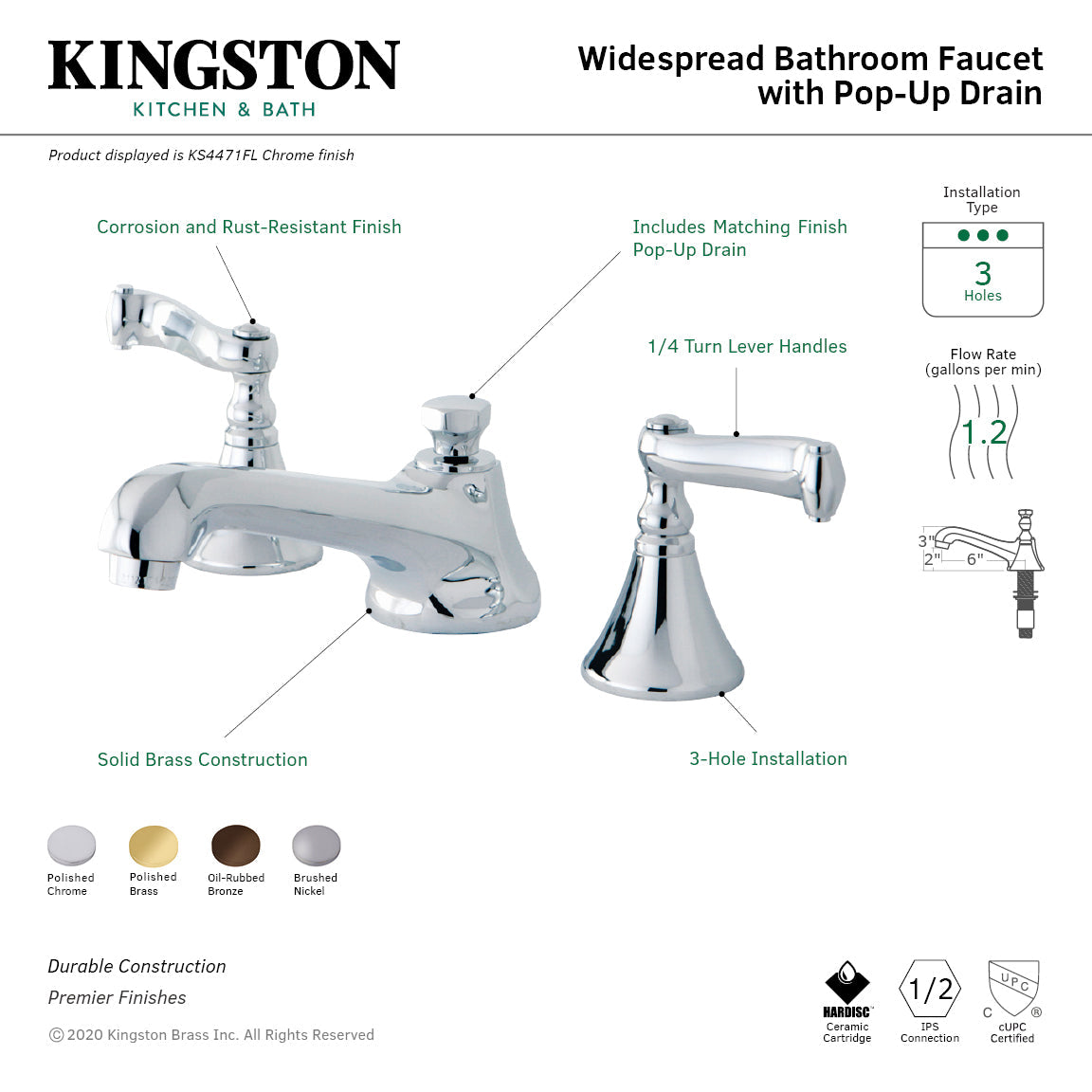 KS4475FL Two-Handle 3-Hole Deck Mount Widespread Bathroom Faucet with Brass Pop-Up, Oil Rubbed Bronze