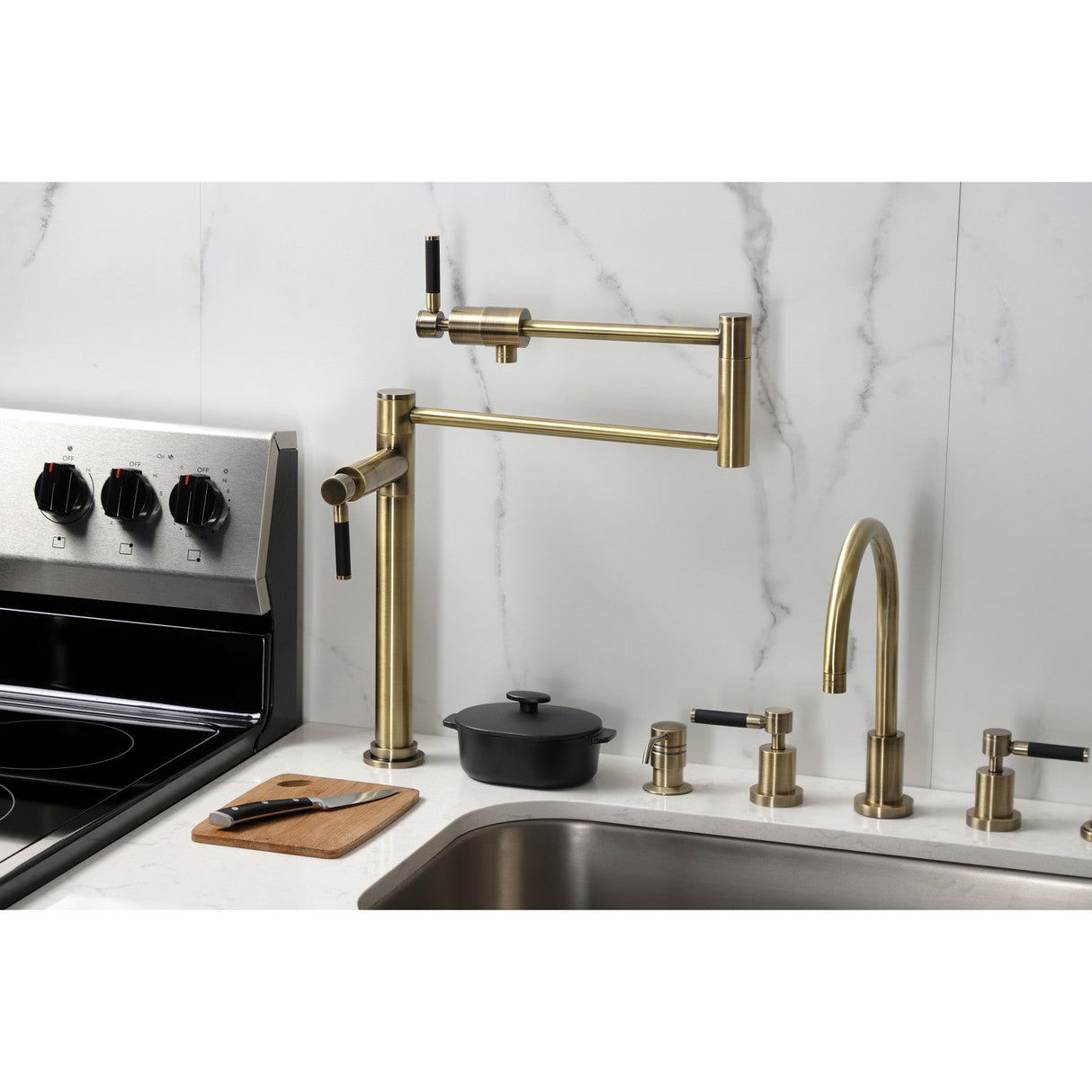 Kaiser KS4703DKL Single-Hole Deck Mount Pot Filler, Antique Brass