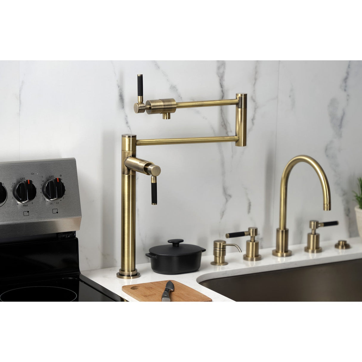 Kaiser KS4703DKL Single-Hole Deck Mount Pot Filler, Antique Brass