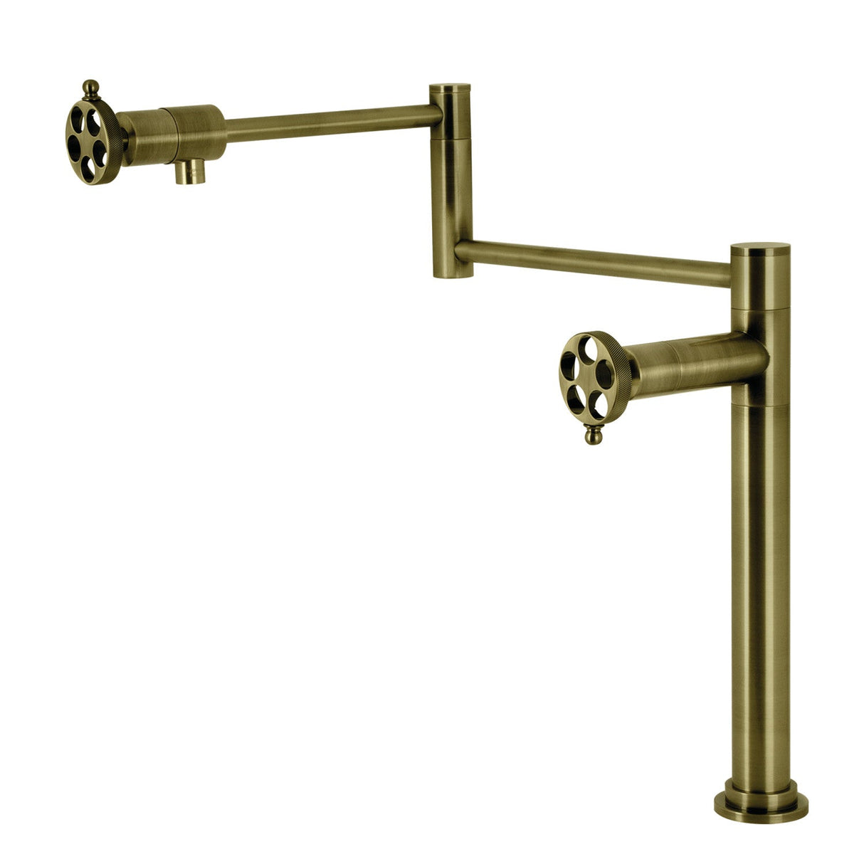 Wendell KS4703RKZ Two-Handle 1-Hole Deck Mount Pot Filler Faucet with Knurled Handle, Antique Brass