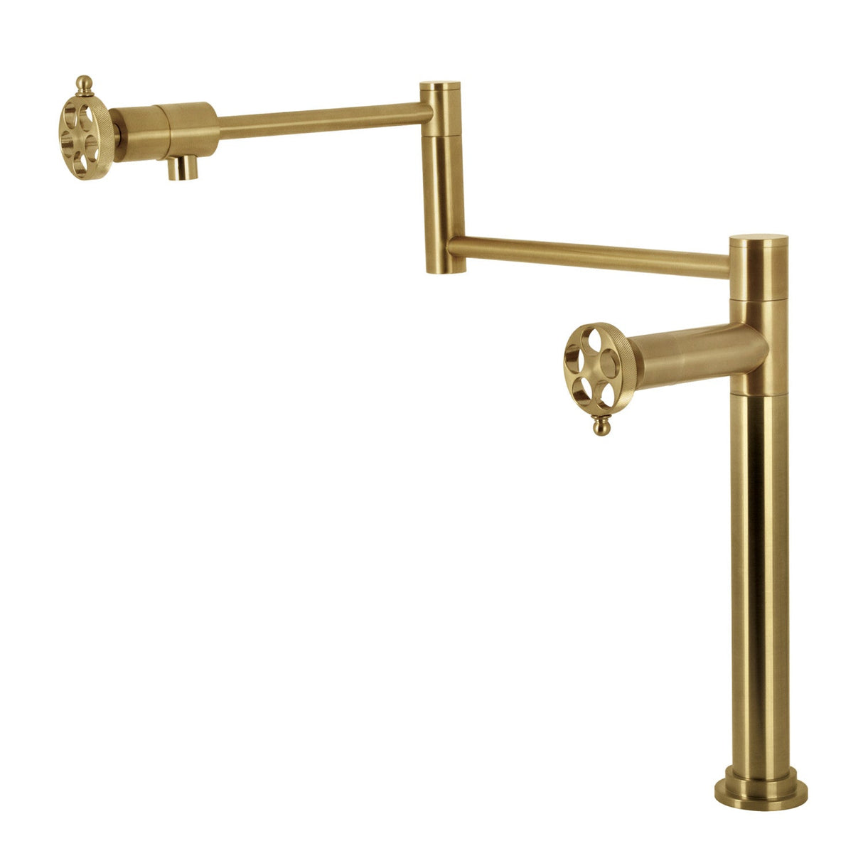 Wendell KS4707RKZ Two-Handle 1-Hole Deck Mount Pot Filler Faucet with Knurled Handle, Brushed Brass