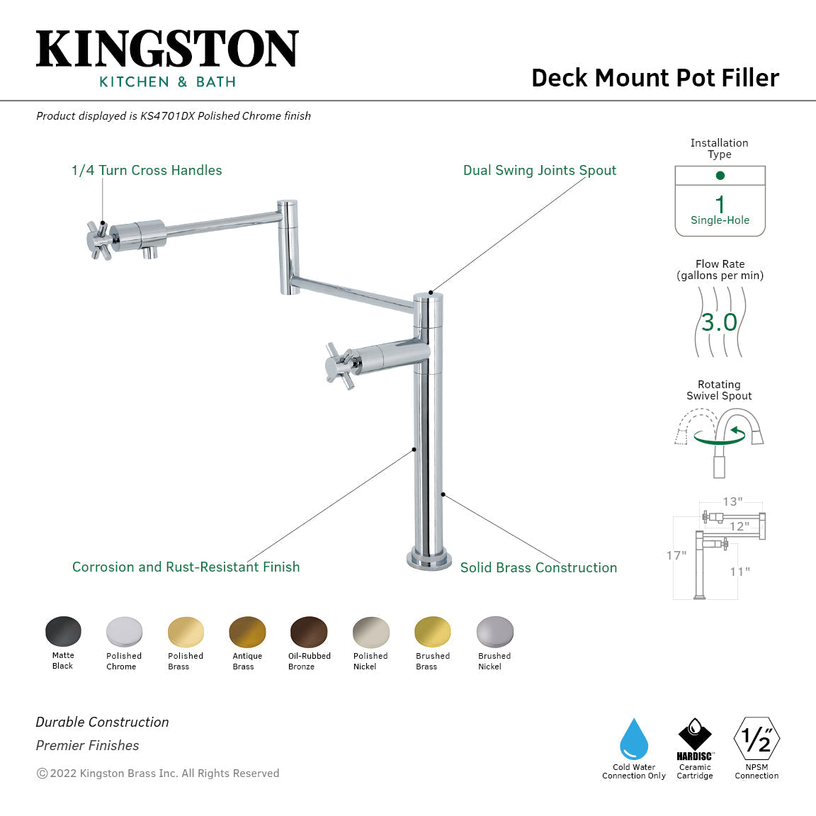Concord KS4708DX Single-Hole Deck Mount Pot Filler, Brushed Nickel